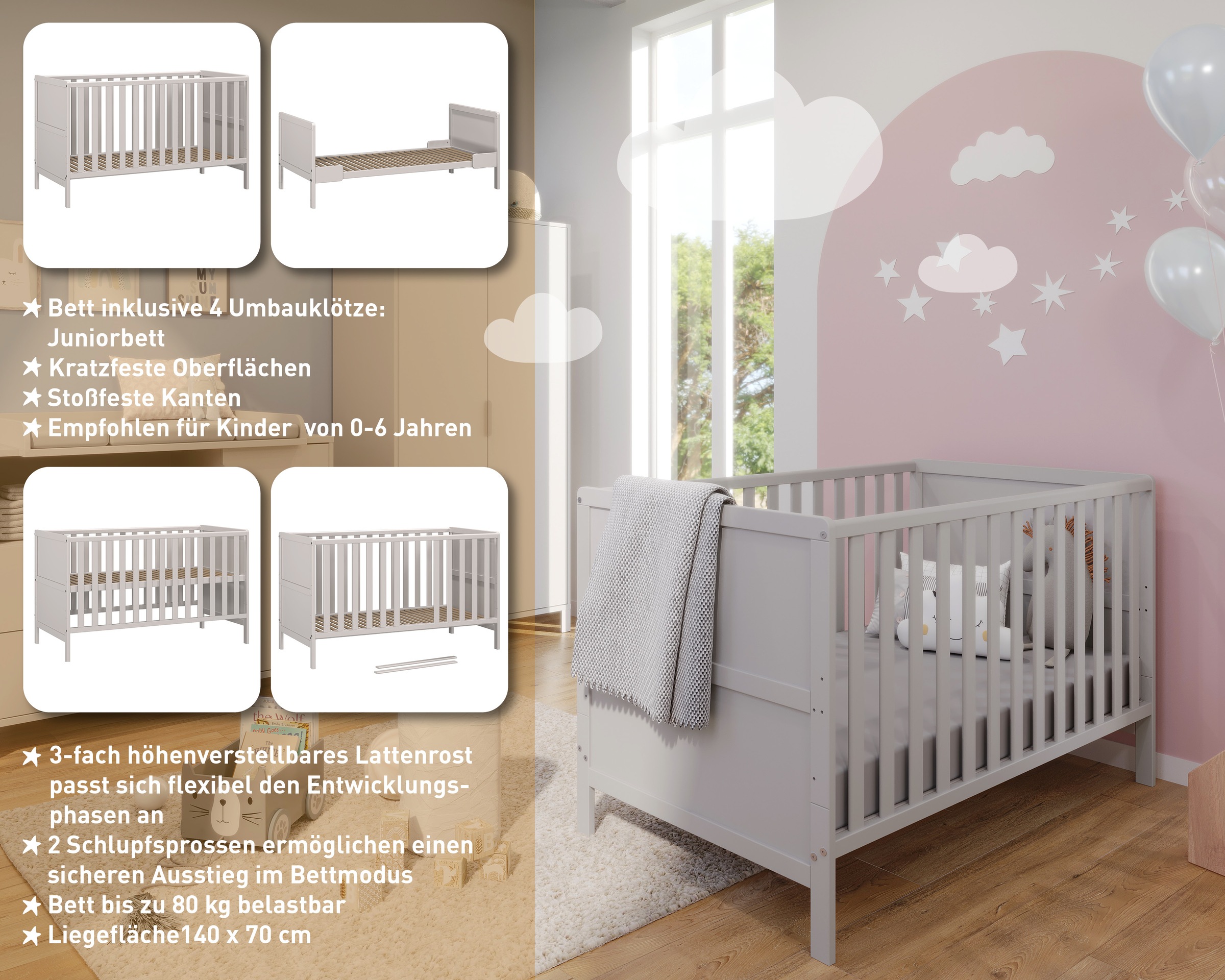 GERMANIA Babybett »GW-Alkmaar«, (1 tlg.), mitwachsendes Kinderbett mit einer Belastbarkeit von 80kg
