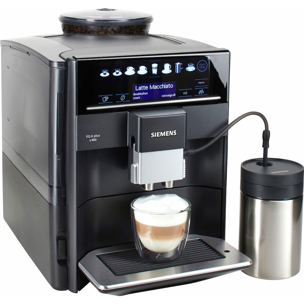 SIEMENS Kaffeevollautomat »EQ6 plus s400 TE654509DE, Doppeltassenfunktion, Keramikmahlwerk«, viele Kaffeespezialitäten, automatische Dampfreinigung, saphirschwarz