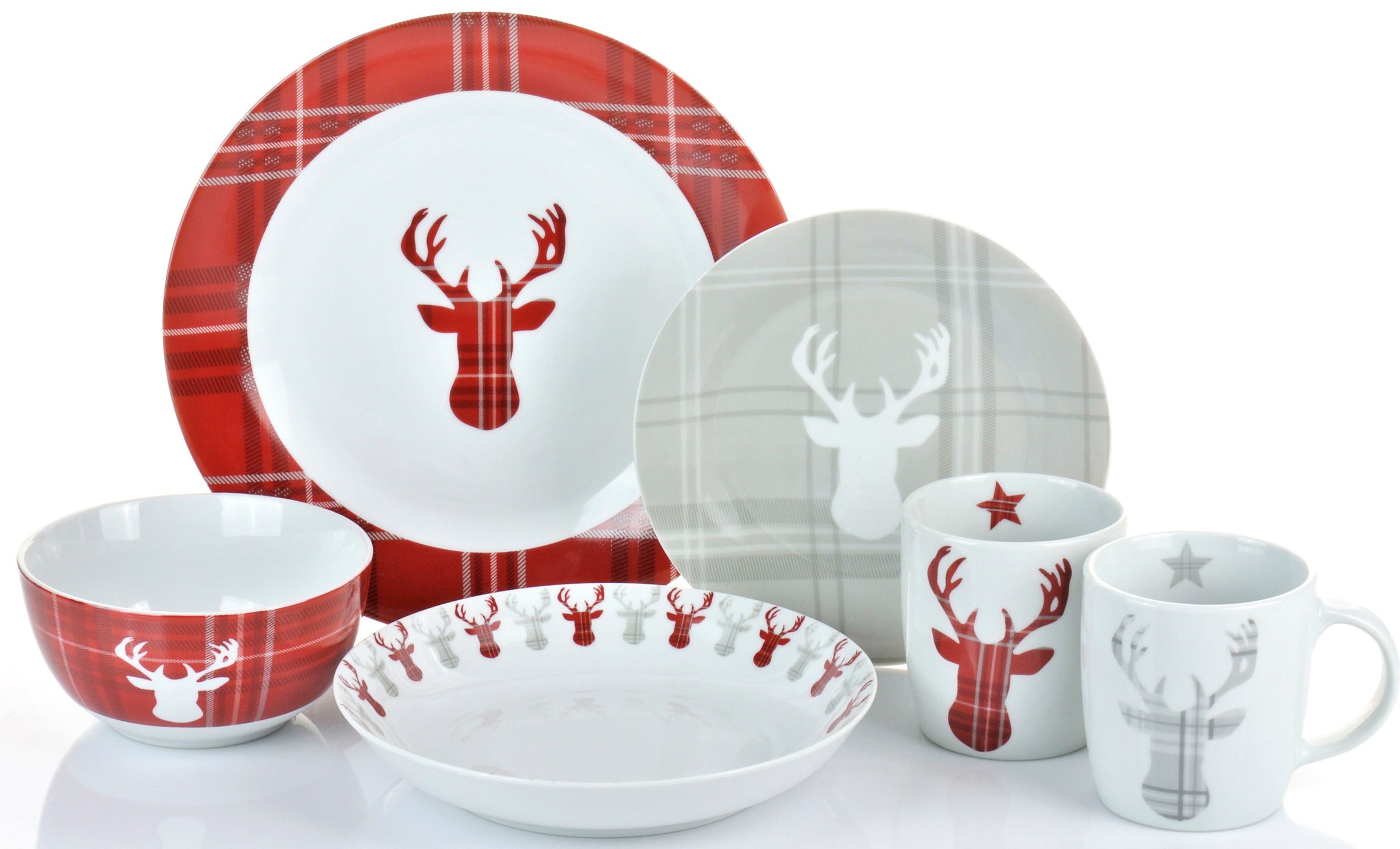 Retsch Arzberg Kombiservice »Geschirr-Set, Service HIGHLAND STAG, Winter,  Advent, Weihnachten«, (Set, 30 tlg.), Hirsch trifft Schottenkaro, 30 Teile,  für 6 Personen | BAUR