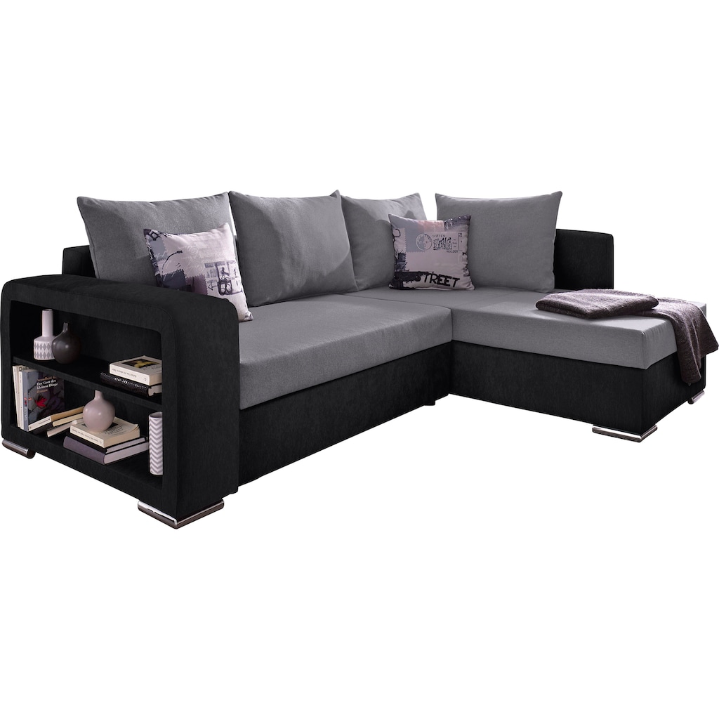 Ecksofa John mit Bettfunktion, Bettkasten und Regalarmteil