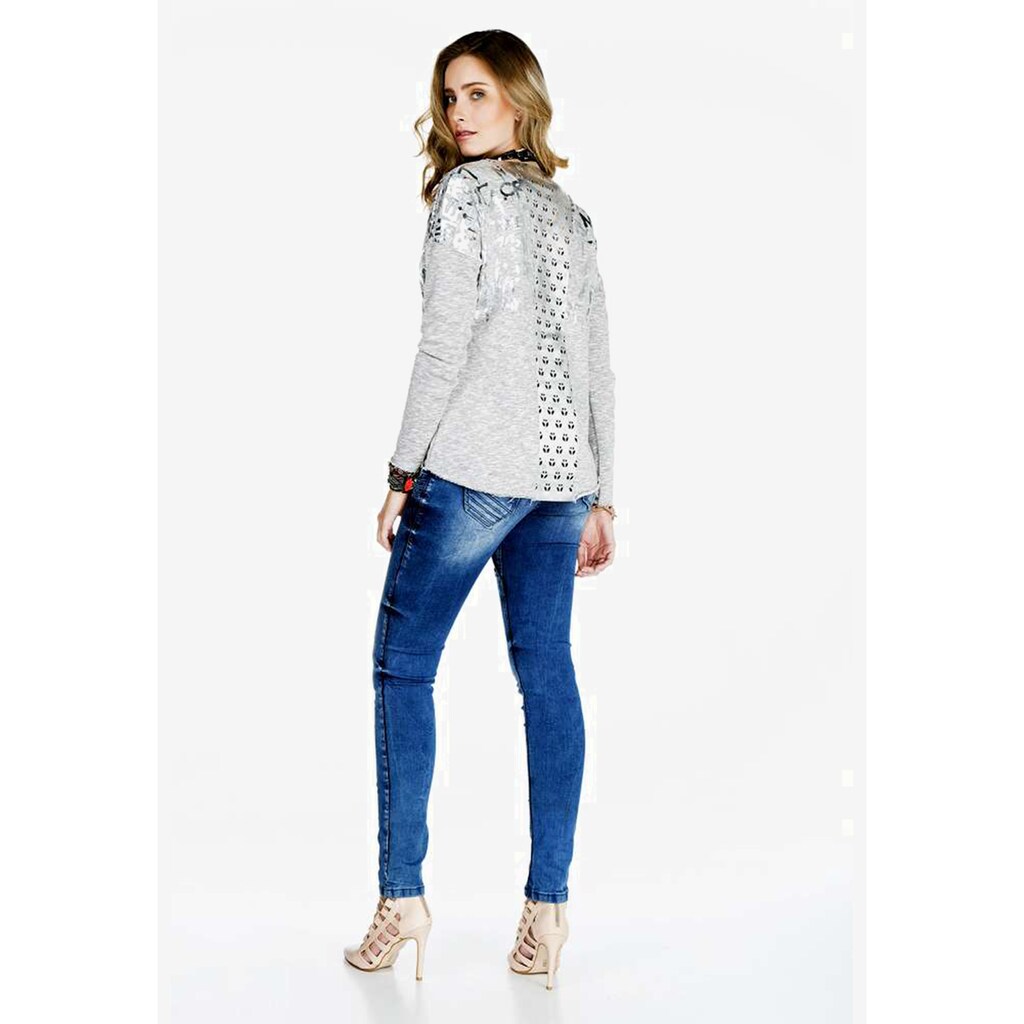 Damenmode Shirts & Sweatshirts Cipo & Baxx Langarmshirt, mit glänzendem Graffitiprint grau-silberfarben