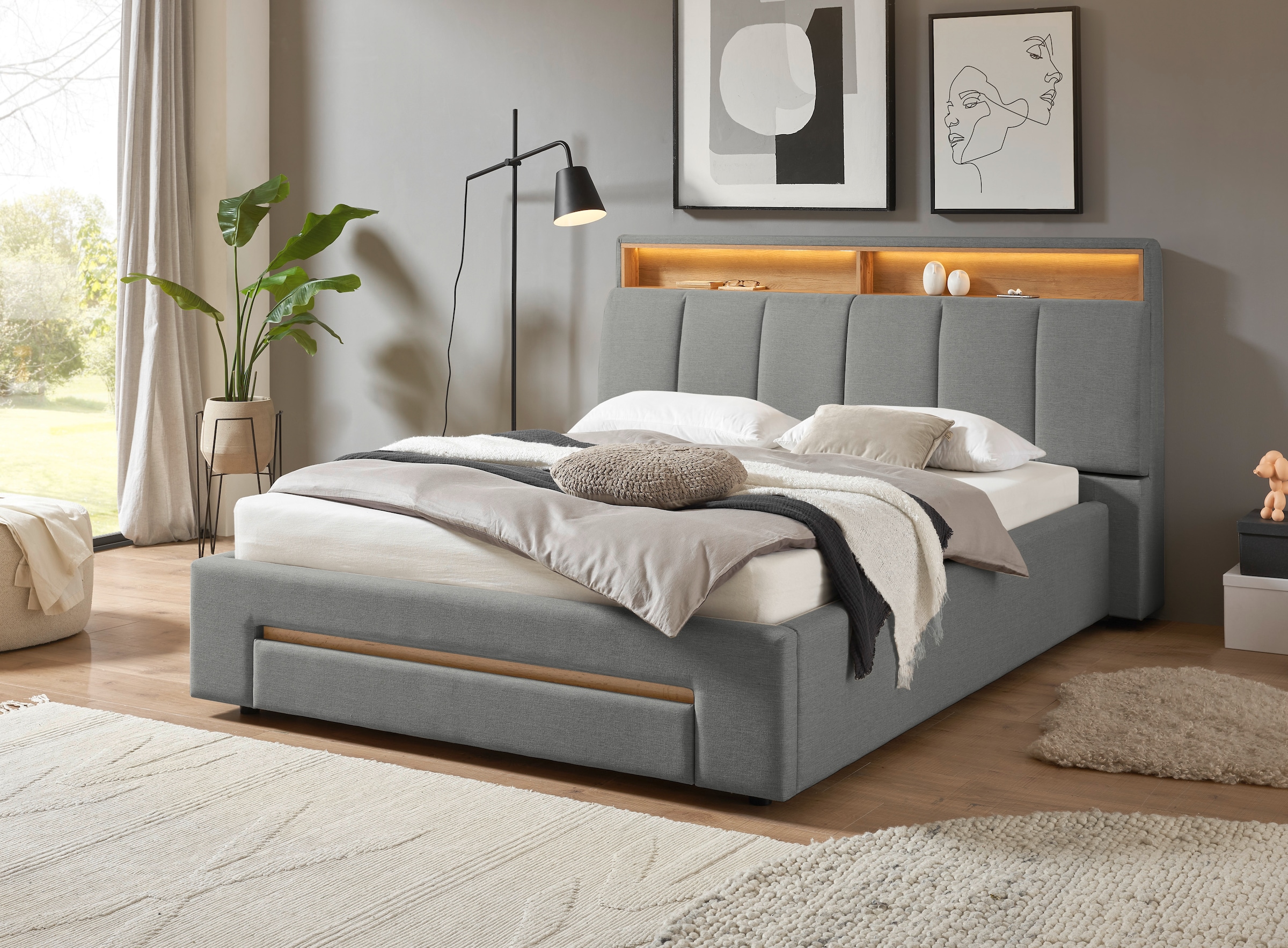 INOSIGN Polsterbett »CiTY/GiRON,, gepolstertes Stauraumbett, mit LED Beleuchtung« Bettkasten mit Hundebett oder als Stauraum, klappbare Kopfteile