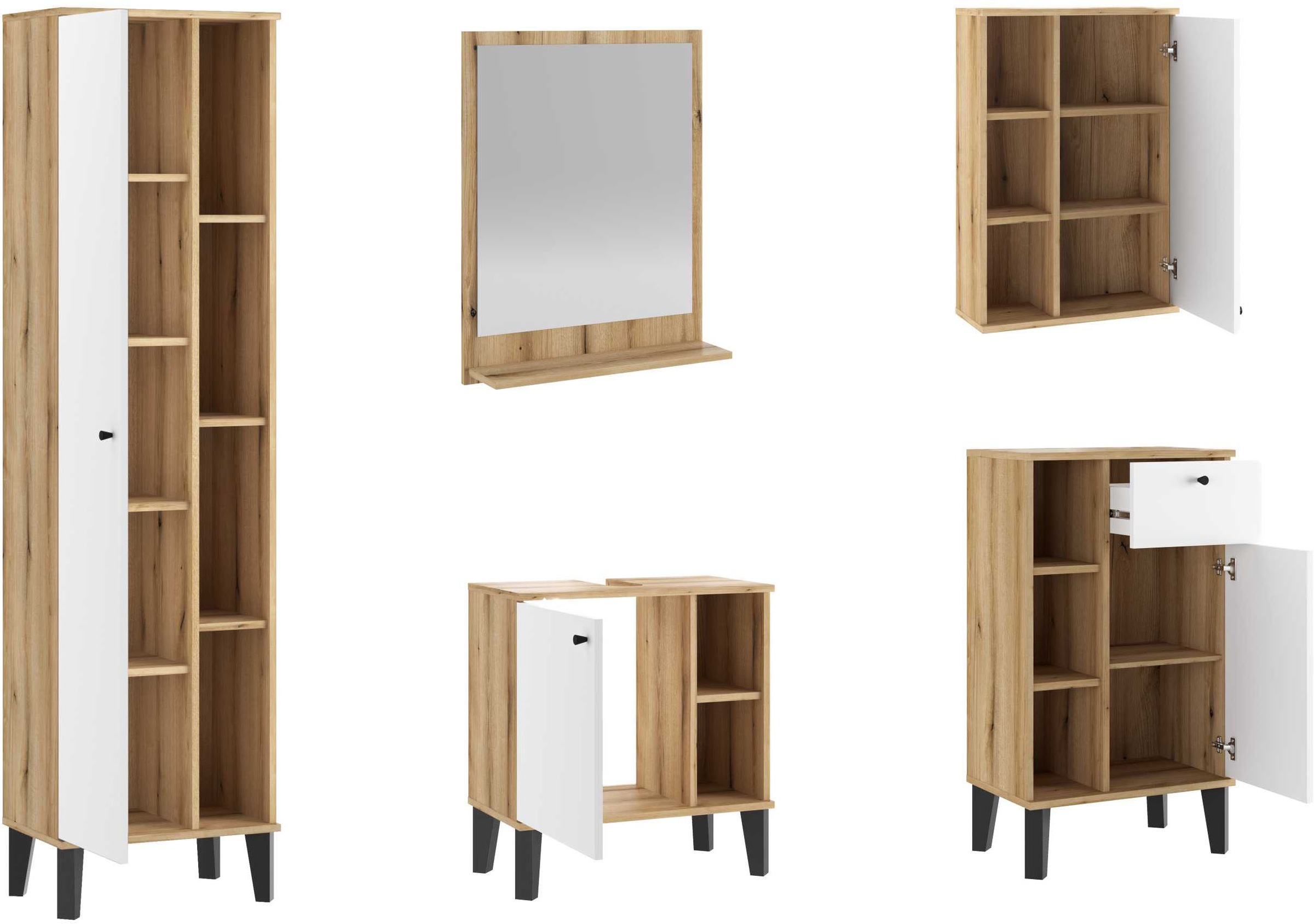 INOSIGN Badmöbel-Set »OSLO, Bad im skandinavischen Design, 5-teiliges Badezimmer«, (Set, 5 St.), Badschränke und Spiegel, in zwei Farben verfügbar, viel Stauraum