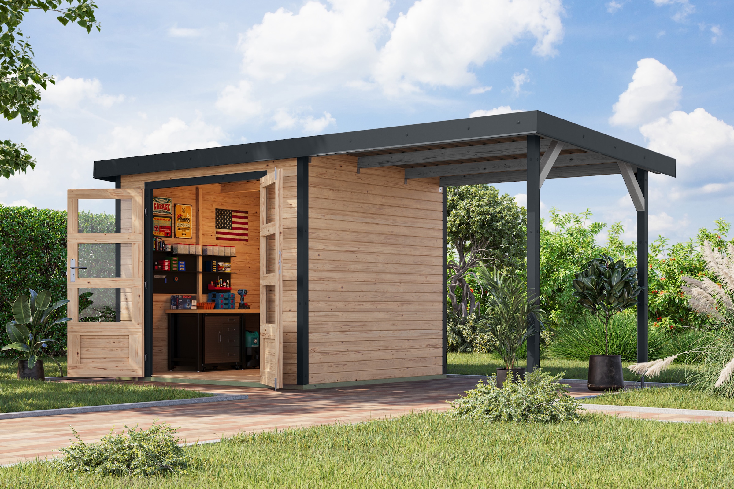 Karibu Gartenhaus "Jupiterino 3 SET, in verschiedenen Farben" inkl. Anbaudach