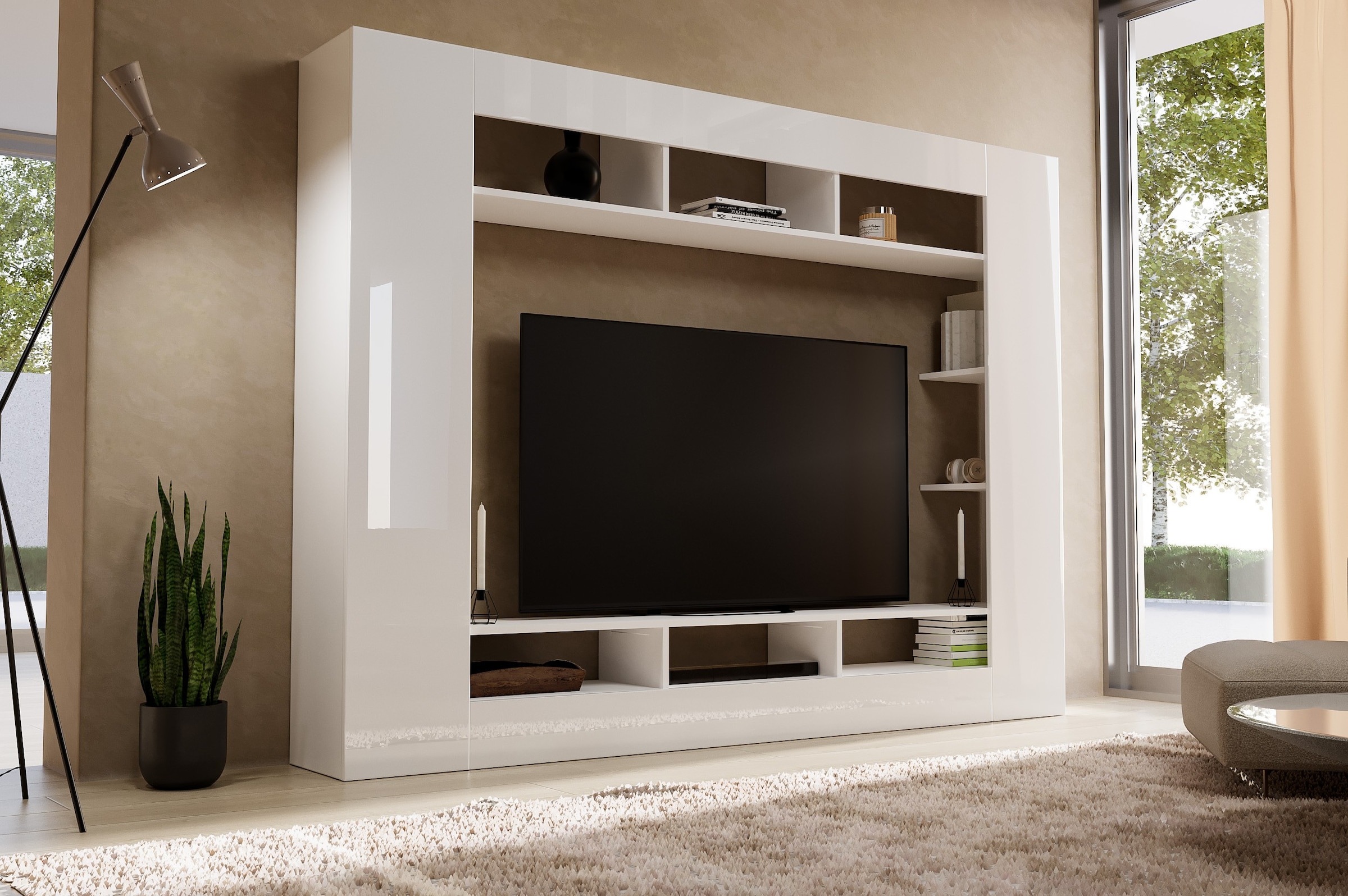 OTTO home Wohnwand »SPEED, TV-Wand, hochglanz lackiert,ideal für TV-Geräte bis zu 65 Zoll«, (1 St.), Made in Italy, B/T/H: 216×30,4×158,6 cm, mit ca. 12 offenen Fächern