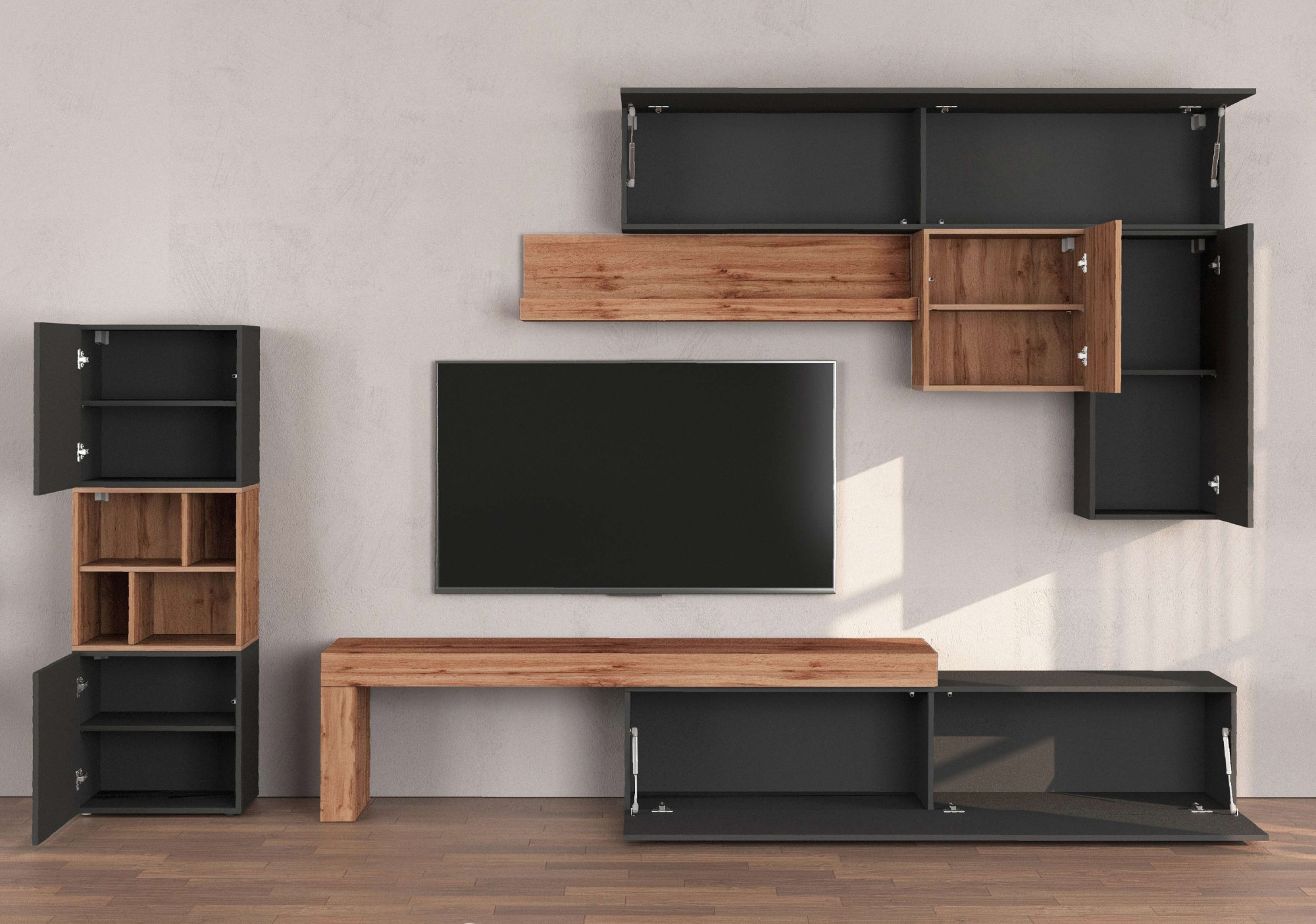 INOSIGN Wohnwand »Chronos Wohnwand, Medienwand, 8-er set«, (Set, 8 St.), ca. 320 cm mit Hängeschränke, Würfel, Regal, Lowboard, Made in Italy