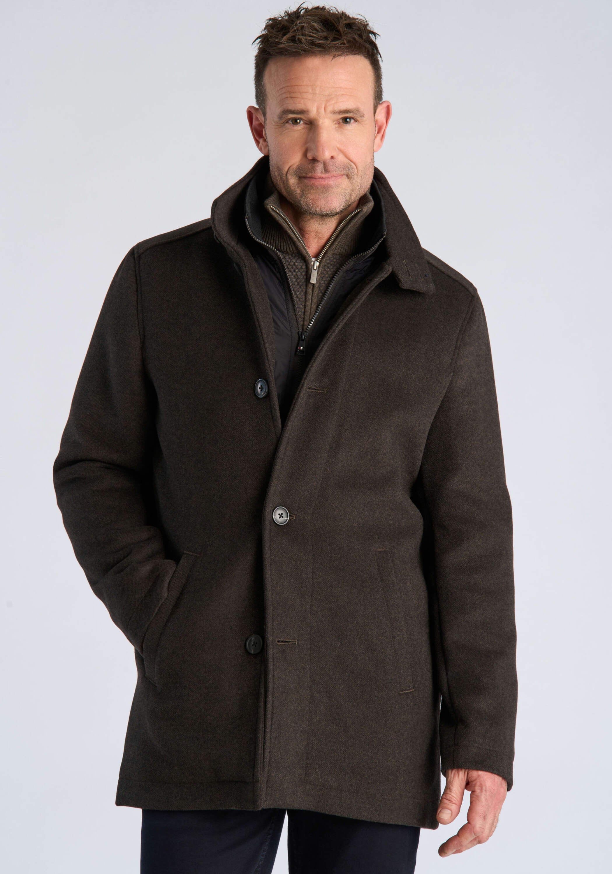 BISON Herren Kurzmantel "Mantel Comfort Fit", braun, Gr. L, Obermaterial: 55% Polyester, 45% Wolle. Futter: 100% Polyester. Füllung: 100% Polyester,