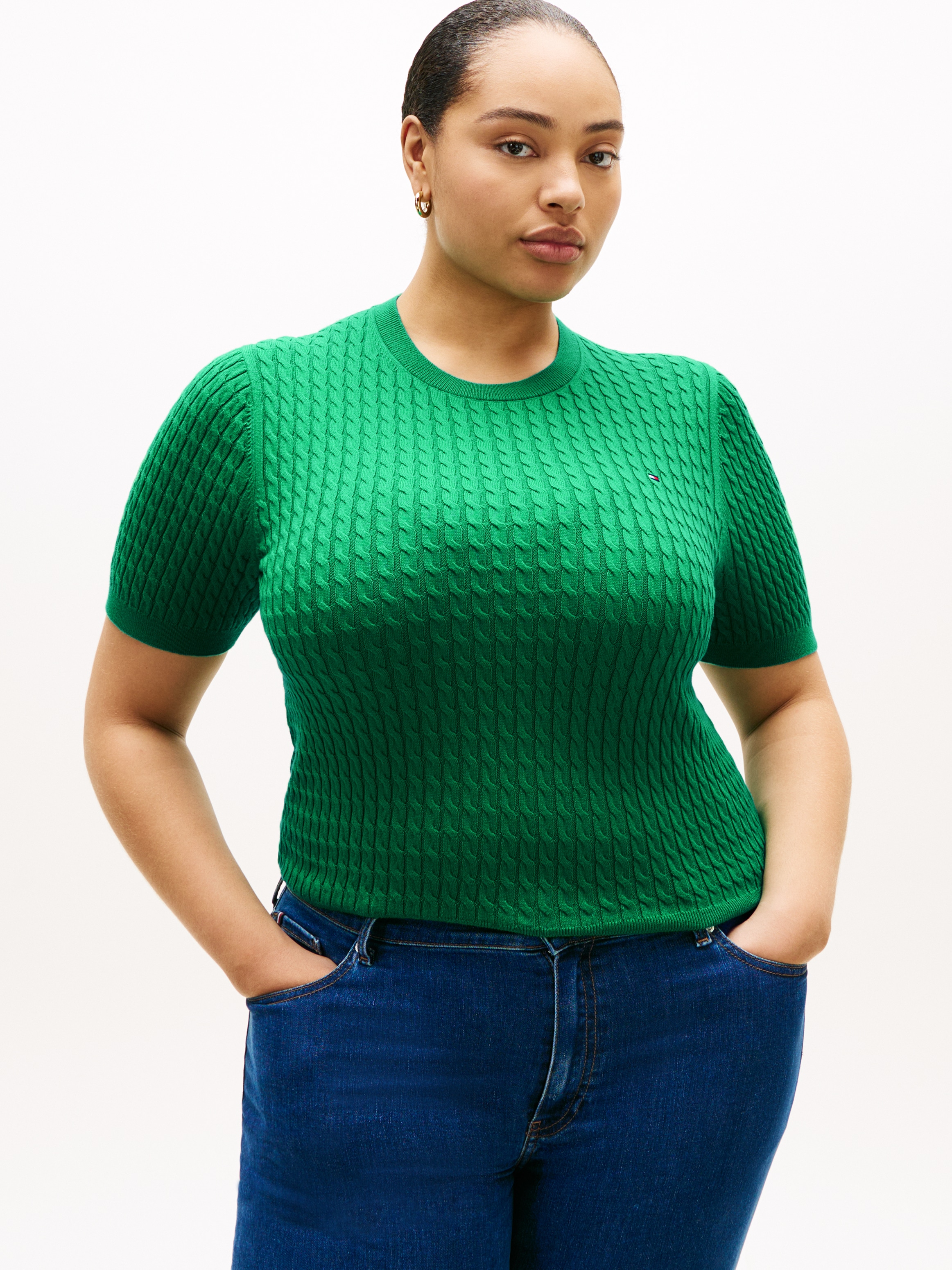 Tommy Hilfiger Curve Rundhalspullover "CRV CO CABLE FINE GG CNK S/S SWT" in günstig online kaufen