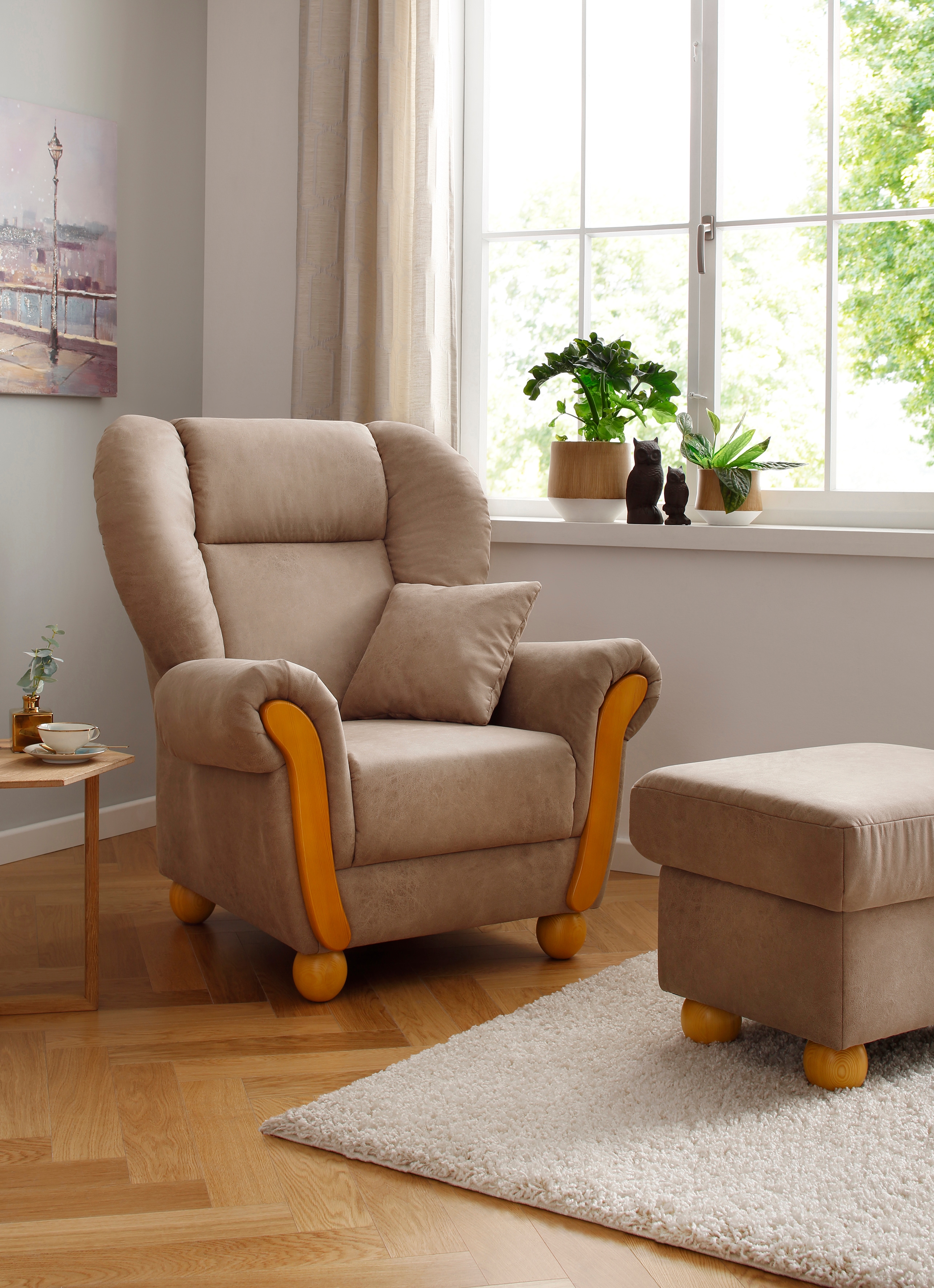 Home affaire Loungesessel "Milano Vintage, Hochlehnsessel, Ohrensessel, Breite 100cm" hoher Sitzkomfort mit hoher Rückenlehne, incl. Zierkissen