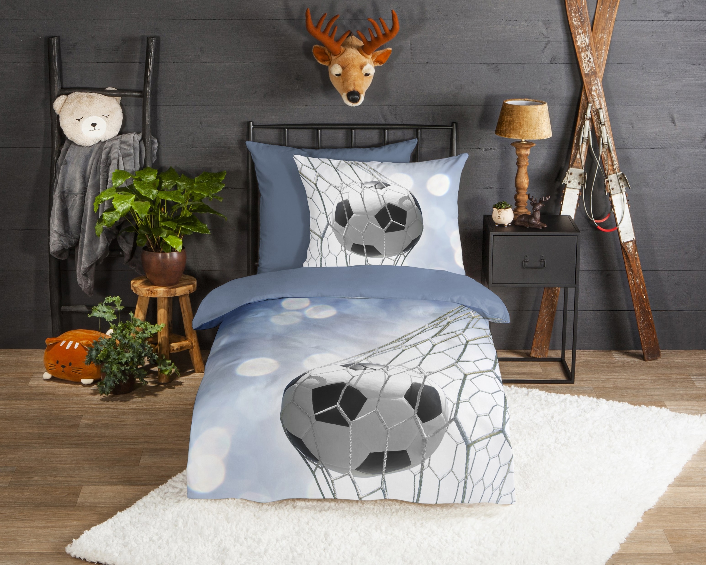 good morning Kinderbettwäsche "Tijmen" 2 Stk. Flanell Biber, 135x200, Warm, Reißverschluss, Wende, Junge, Fußball