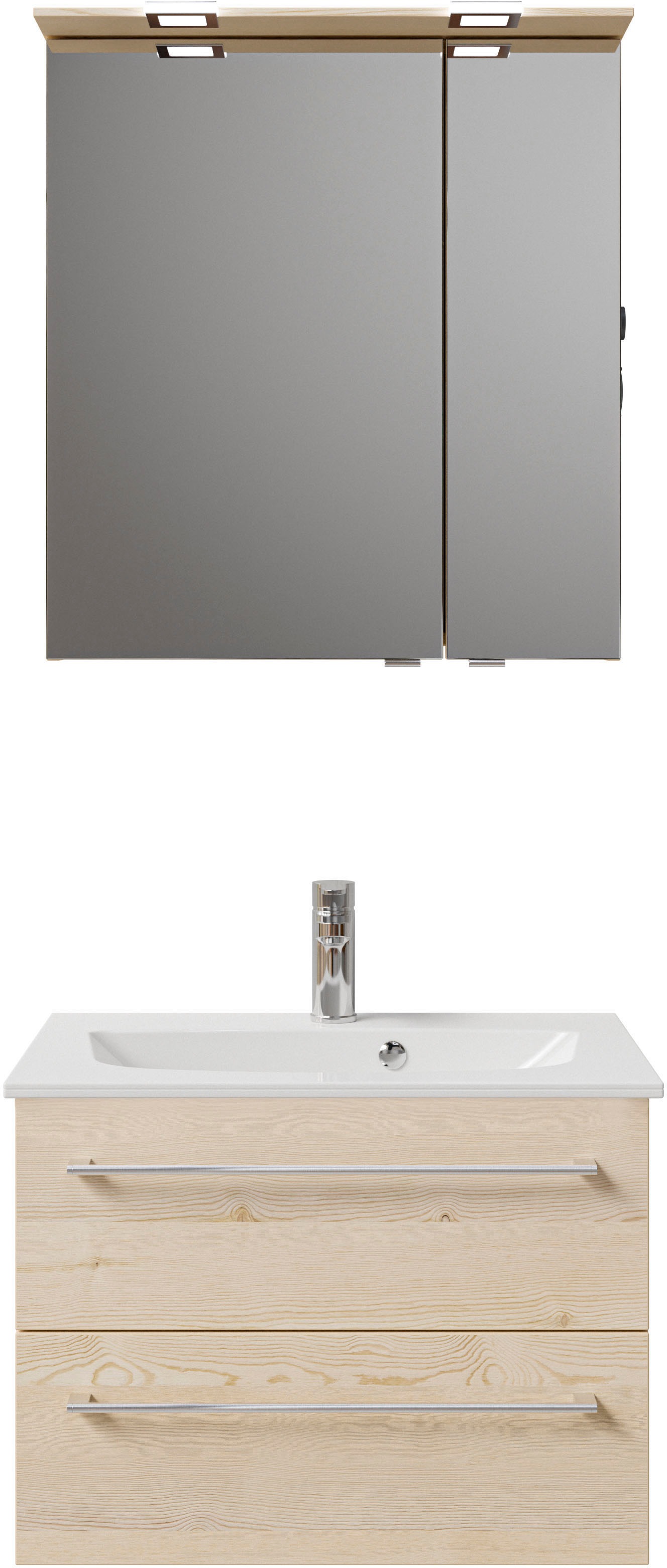Saphir Badmöbel-Set »Serie 6025 2-teilig Mineralmarmor-Waschtisch mit LED-Spiegelschrank«, (2 St.), Waschplatz 67 cm breit, 2 Schubladen, 2 Spiegel-Türen, inkl Türdämpfer