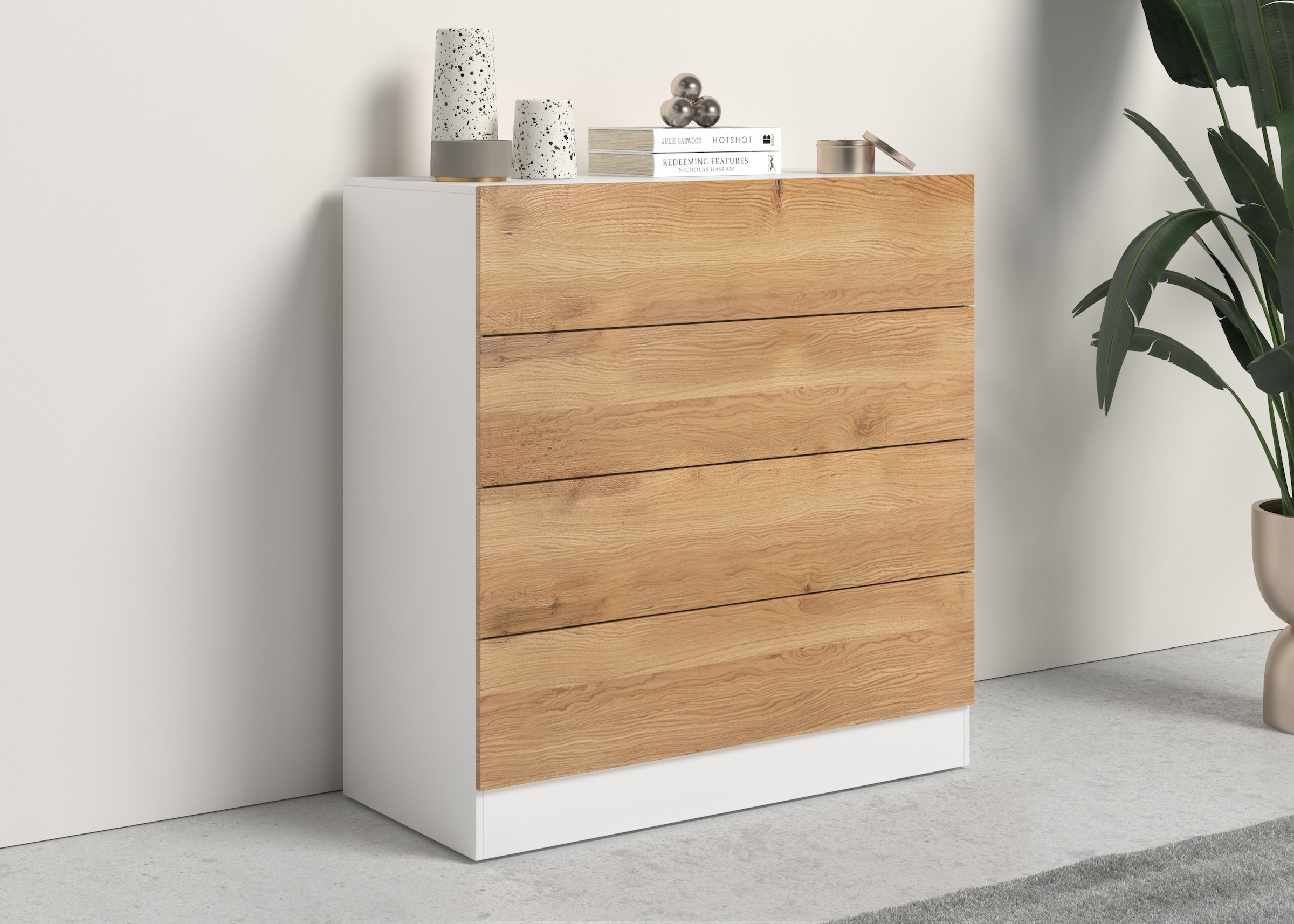 Kommode BORCHARDT MÖBEL, B:76cm H:79cm T:35cm, weiß, Holzwerkstoff, Schlafzimmer, Sideboards, "Vaasa, Kommode mit 4 Schubkästen auf Kugelführungen"