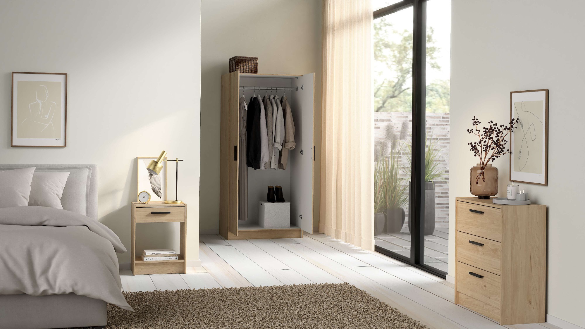 INOSIGN Schlafzimmer-Set »Escape, für Schlafzimmer, Jugendzimmer, aufbewahrung, Nordischer Stil«, (Set, 3 tlg.), (Set, 3-tlg), bestehend aus Kleiderschrank, Kommode & Nachttisch