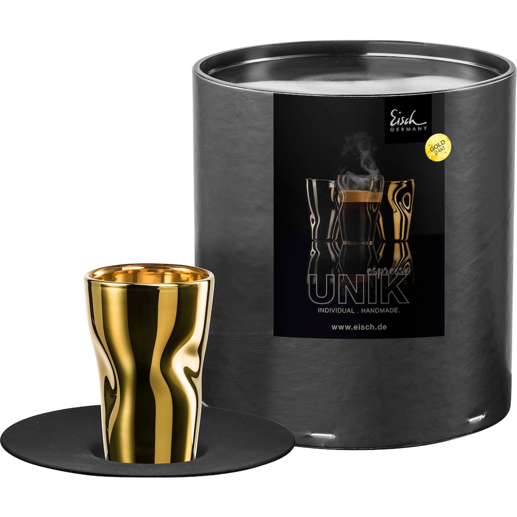 Eisch Espressoglas »UNIK«, (Set, 2 tlg., Espressoglas mit Untertasse in Geschenkröhre), Espressoglas mit Untertasse, veredelt mit Echtgold, 100 ml