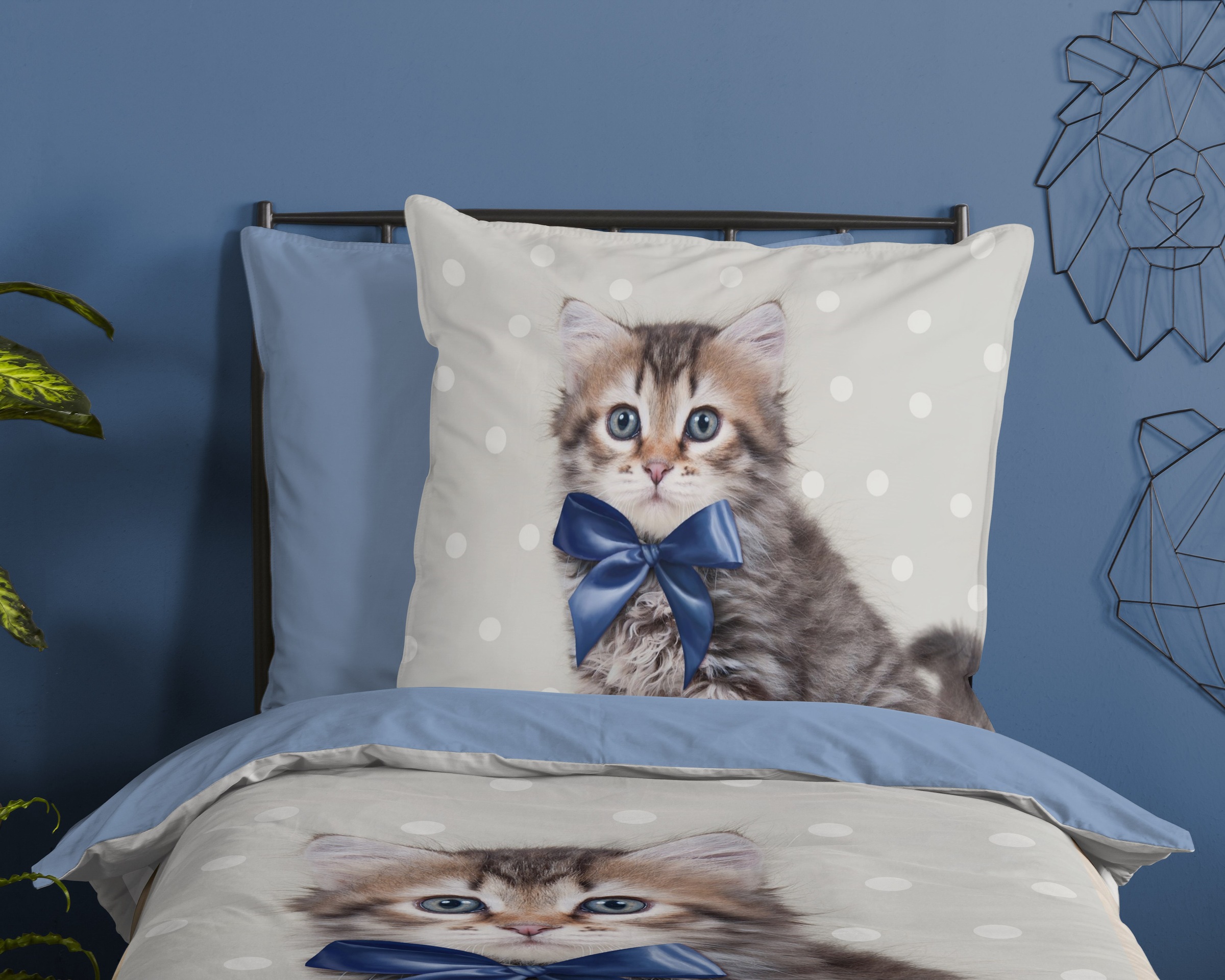 good morning Kinderbettwäsche »Mae«, 100% Baumwolle, 135x200, Reißverschluss, Wende, Kind, Katze, Blau Grau