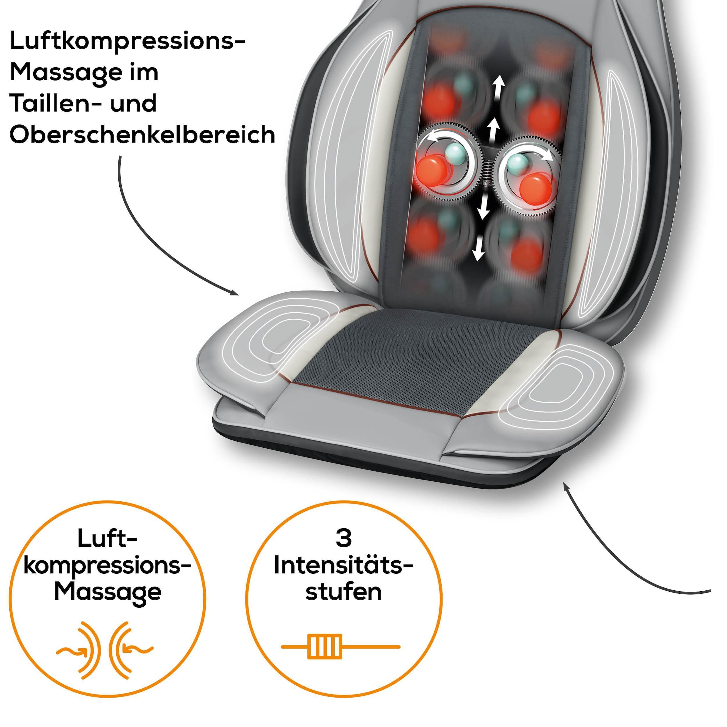 BEURER Shiatsu-Massagesitzauflage »Beurer MG 320 Massagesitzauflage mit zuschaltbarer Wärmefunktion«, 3-in-1: Shiatsu-, Luftkompressions- und punktuelle Massage