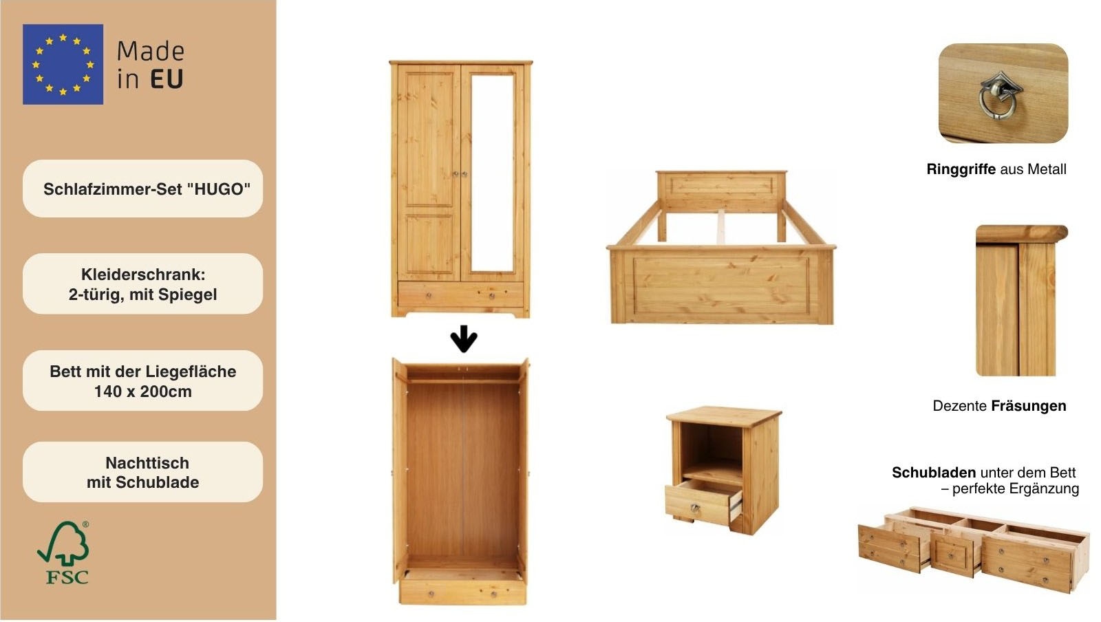 Home affaire Schlafzimmer-Set »Hugo« Set, 3 Stk. tlg. Bett 140x200cm, 2-trg Kleiderschrank und 1 Nachttisch