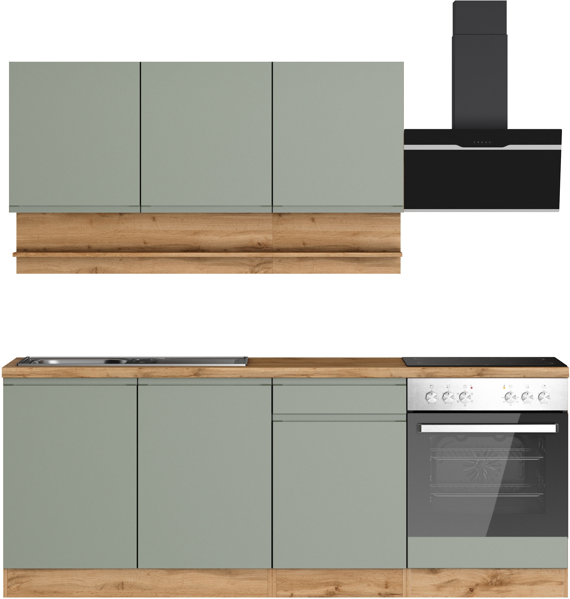 KOCHSTATION Küchenzeile "KS-Virginia,neu in verbesserter Ausführung" Arbeitsplatte 38 mm stark, Stauraum, Softclose, Breite 210 cm,Soft-Close,wahlweise mit E-Geräten
