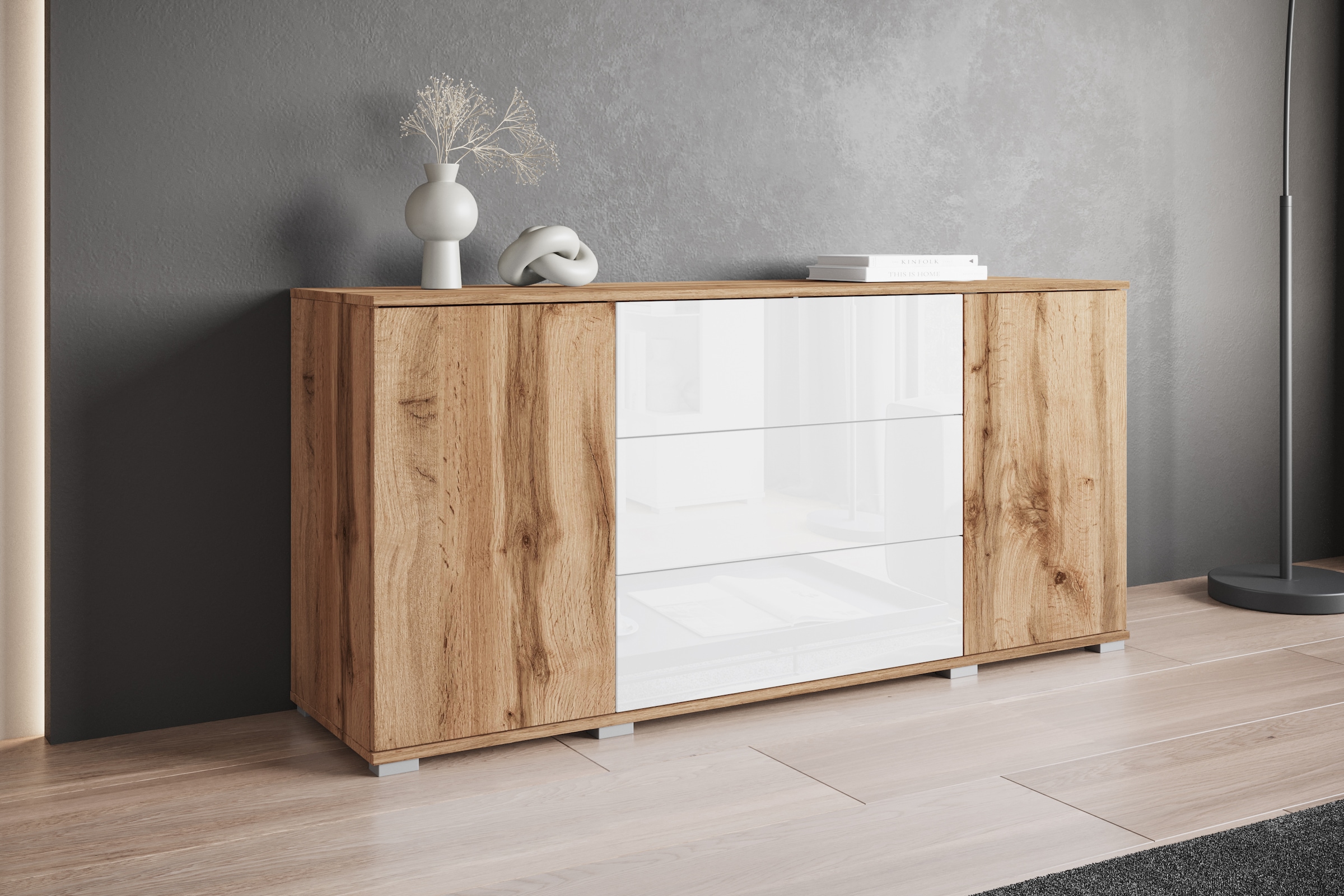 INOSIGN Sideboard »Kenia«, (1 St.), Modernes Sideboard mit 3 Schubladen und 4 Fächern, Breite 150 cm