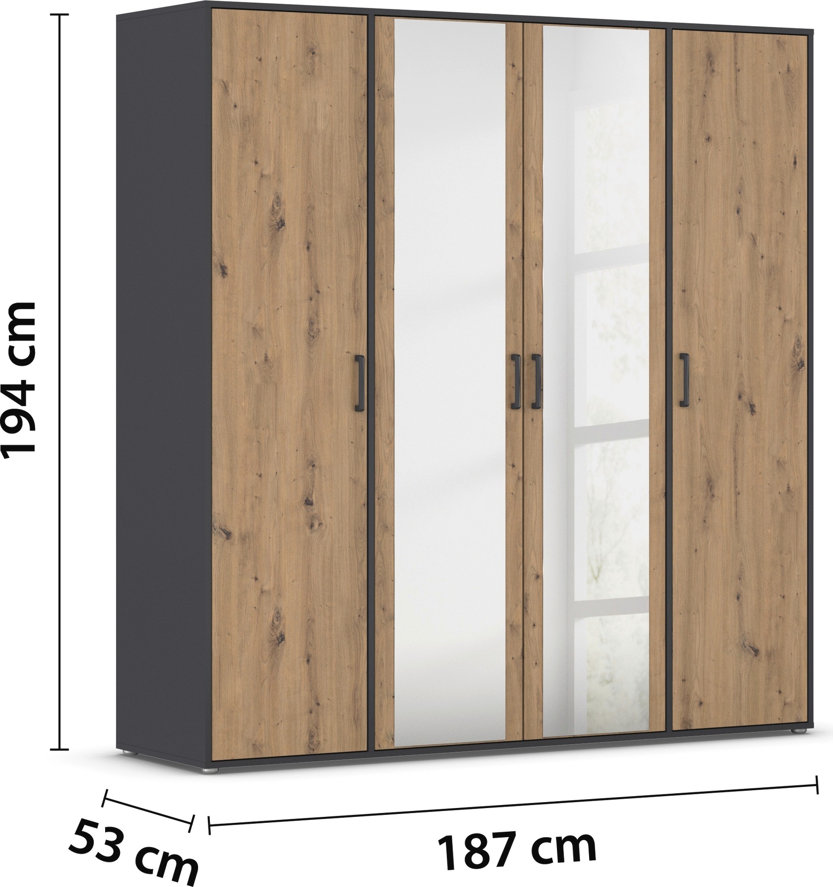 rauch Drehtürenschrank »Kleiderschrank Schrank Garderobe Wäscheschrank VOYAGER«, (in 3 verschiedenen Ausstattungen BASIC/CLASSIC/PREMIUM), mit modernen Griffen in Graumetallic und Spiegel
