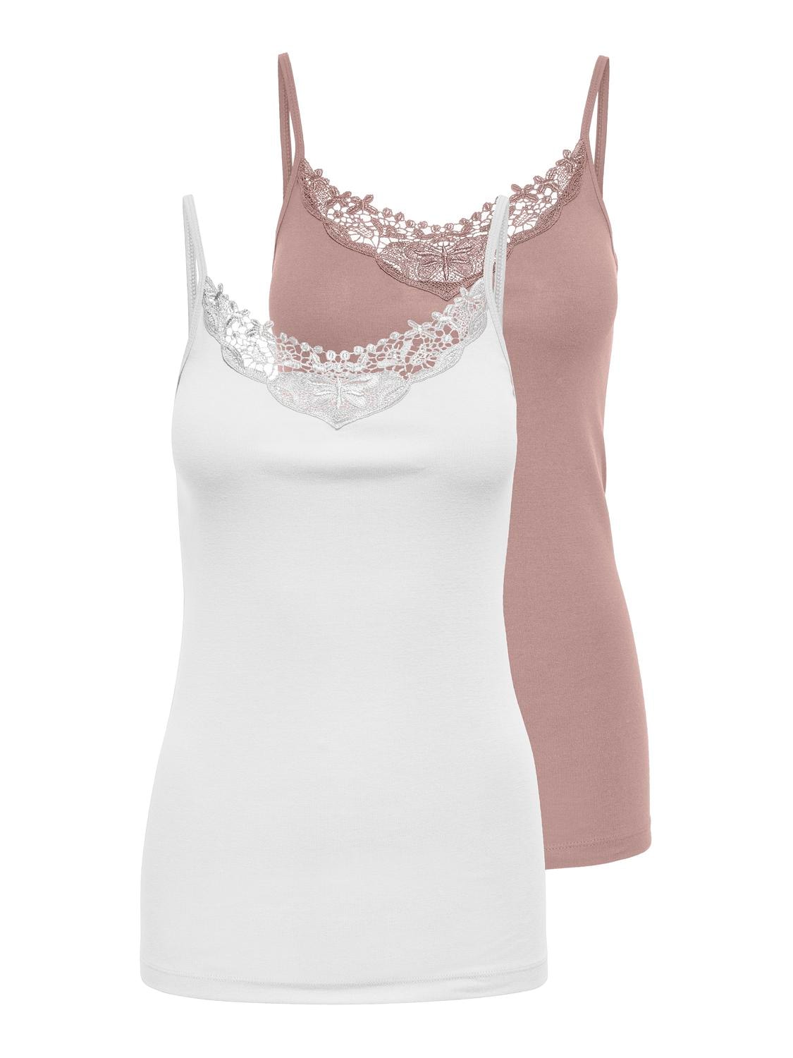 Longtop ONLY "ONLLULU LACE SINGLET 2PACK CS JRS", Damen, Gr. XS, adobe rose pack:weiß, Jersey, Obermaterial: 100% Baumwolle, unifarben, hüftlang, V-Ausschnitt, Tops