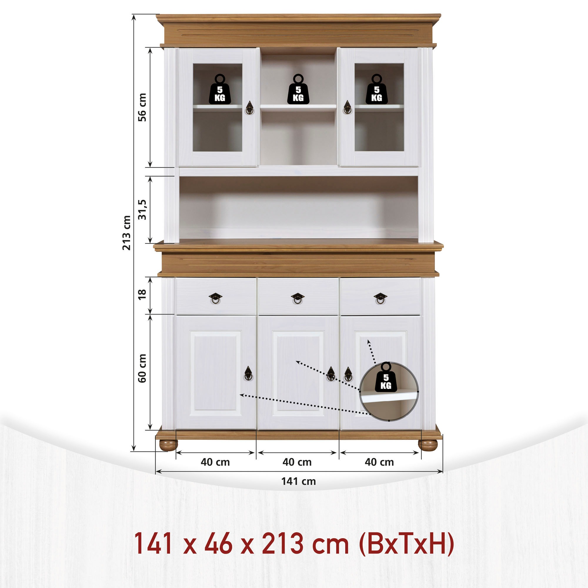 Inter Link Buffet »Halmaro, Kiefer Massivholz, Weiss/Braun-Oak, 141 x 46,30 x 213 cm« 1 Stk. tlg. Vitrine im Laudhausstil, Küchenschrank mit Glastüren, viel Stauraum