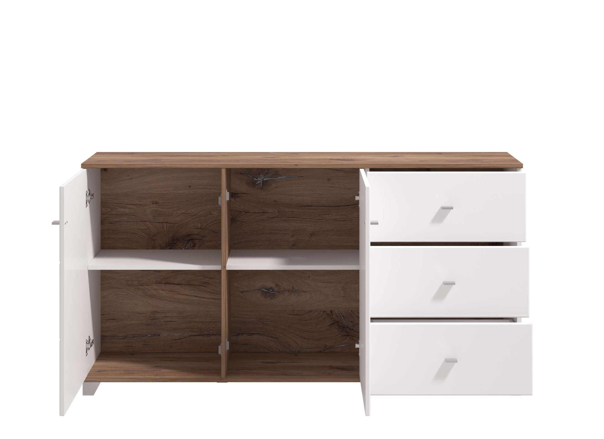 INOSIGN Kommode »Burgundy Sideboard, Schubladenschrank, mit viel Stauraum«, Hochglanzfronten und eine Innenausstattung in Flagstaff Eiche