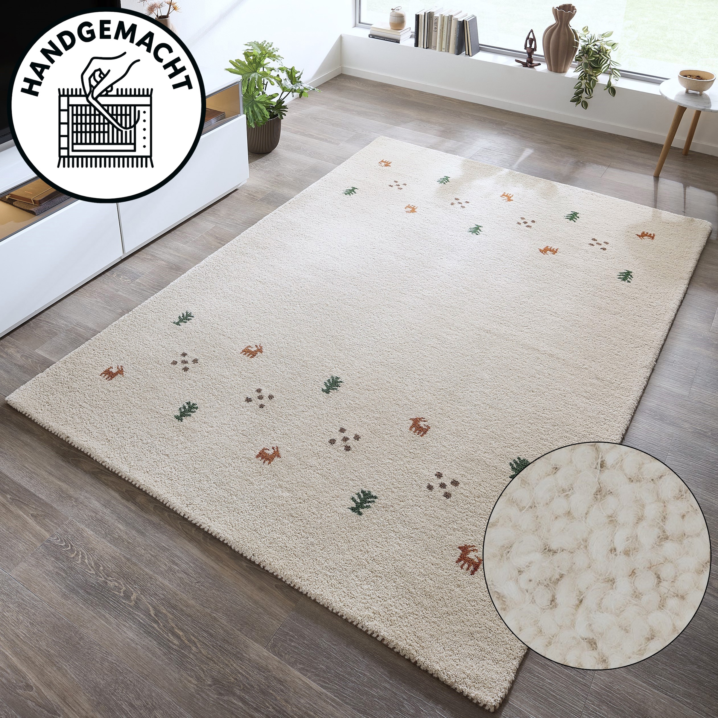 THEKO Wollteppich "Gabbeh Motiv, Handgefertigt, Teppich, Tiermotiv, reine Wolle" rechteckig 14 mm Höhe reine Wolle, Wohnzimmer, Schlafzimmer, Esszimmer