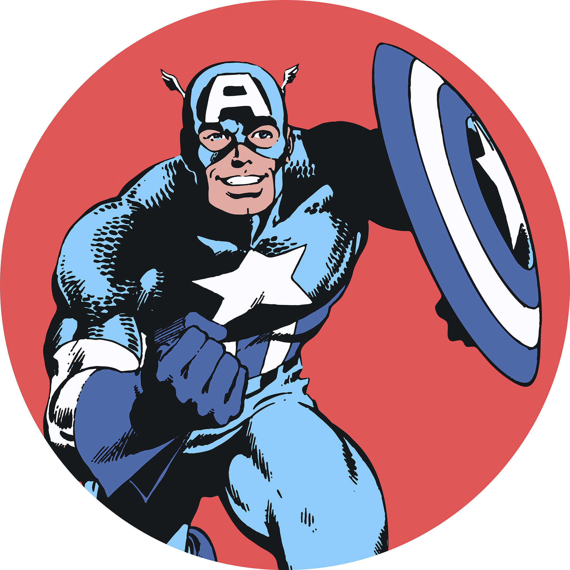 Komar 1100000002199 "selbstklebendes Vlies, Marvel PowerUp Captain America, Gr. 125x125 cm" rund und selbstklebend