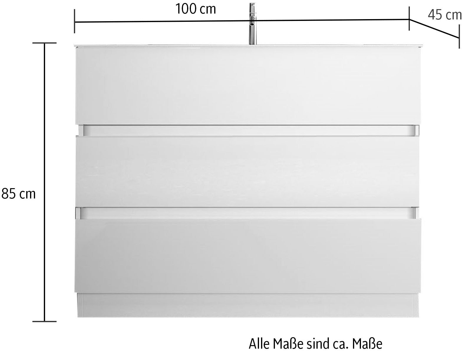 welltime Waschtisch »Start, Breite 100 cm, 2 bzw. 3 Schubkästen«, Badmöbel, Soft-Close, Keramik-Einsatzbecken, Weiß Hochglanz Lack