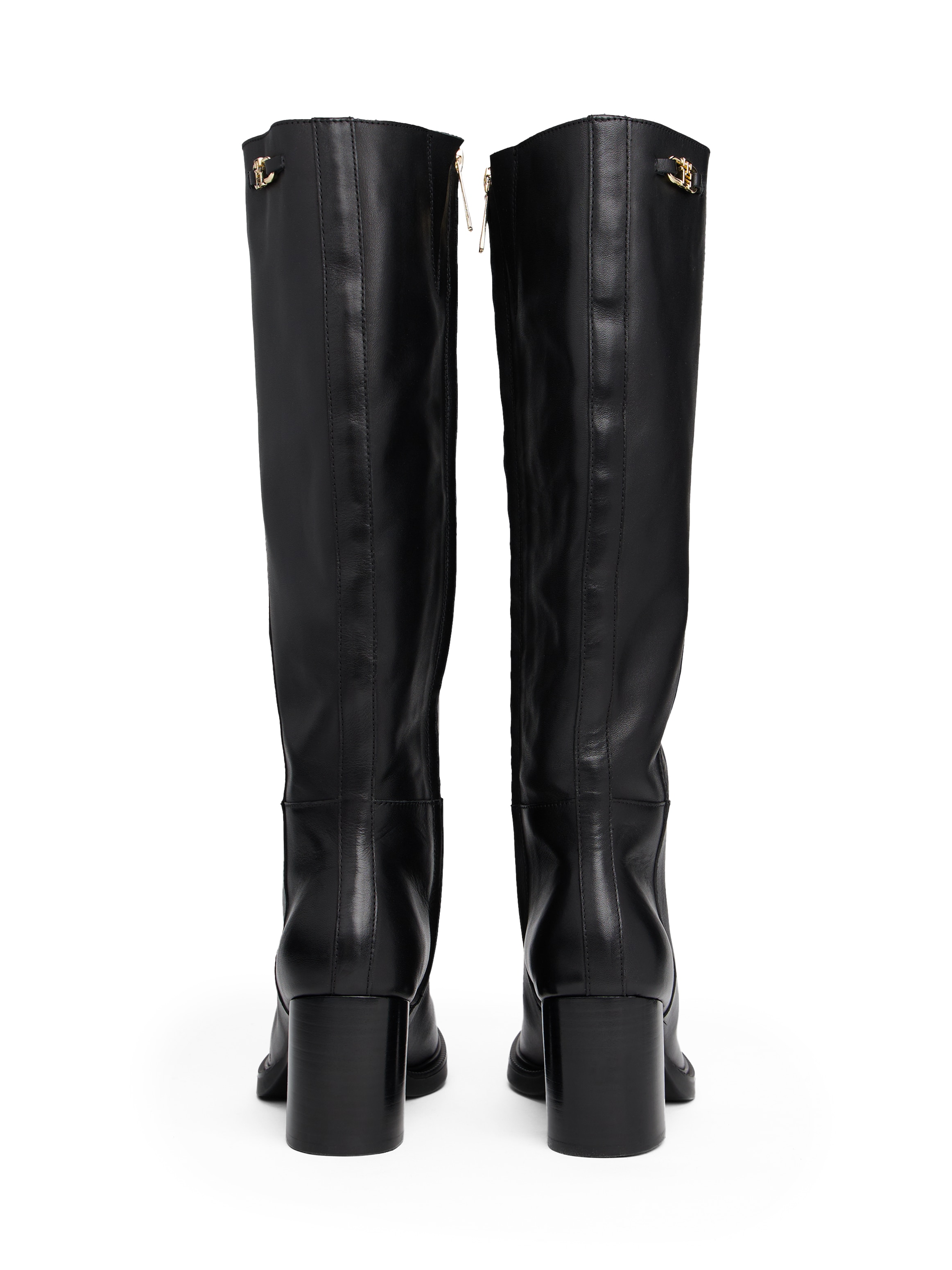Tommy Hilfiger Stiefel »STACKED HEEL LEATHER LONG BOOT«, Blockabsatz, Langschaftstiefel mit goldfarbenem Logo-Schmuckelement