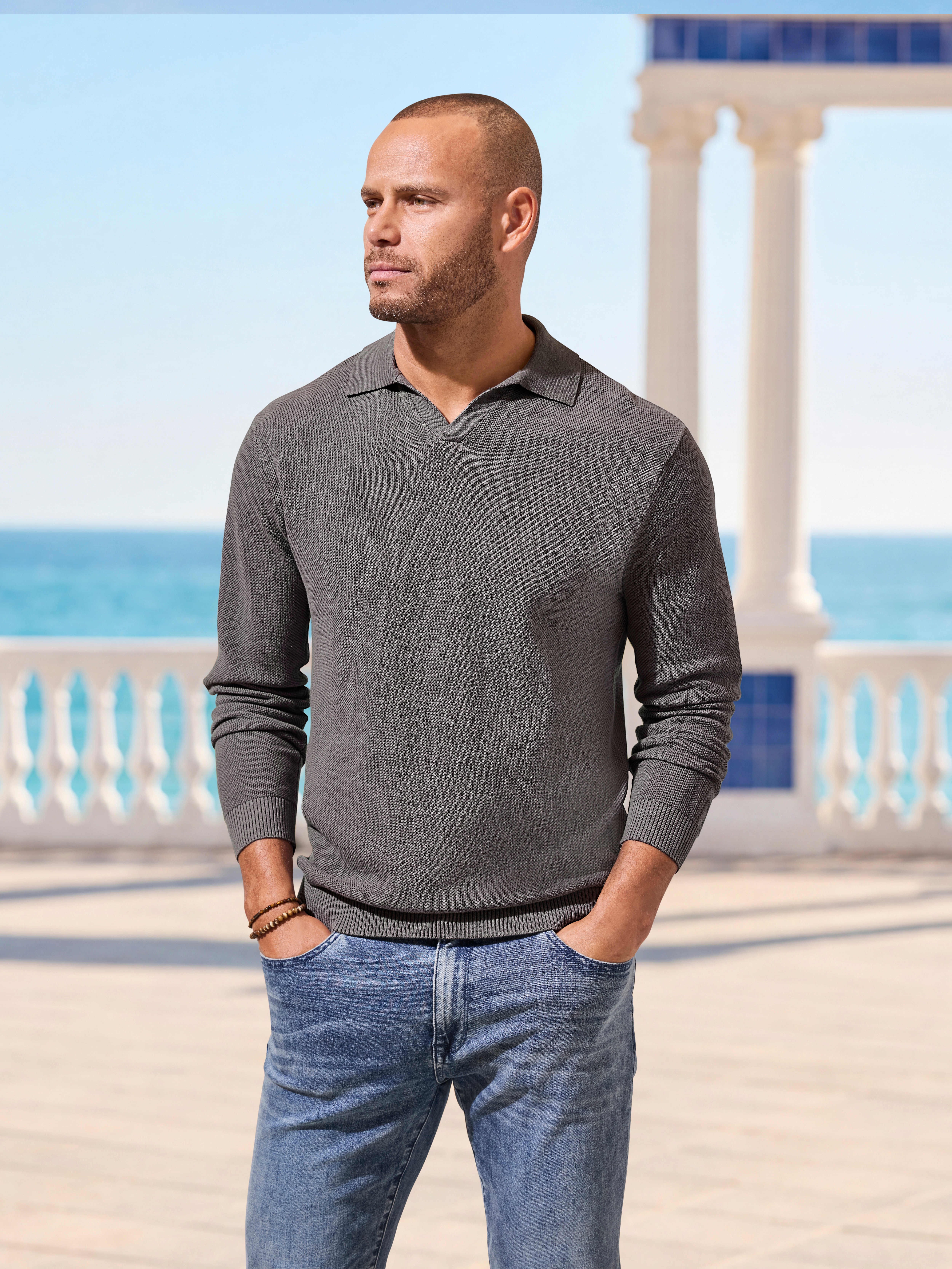 H.I.S "- leichtes Strick Poloshirt, Longsleeve" Strukturstrick, Polokragen mit kleiner V-Öffnung