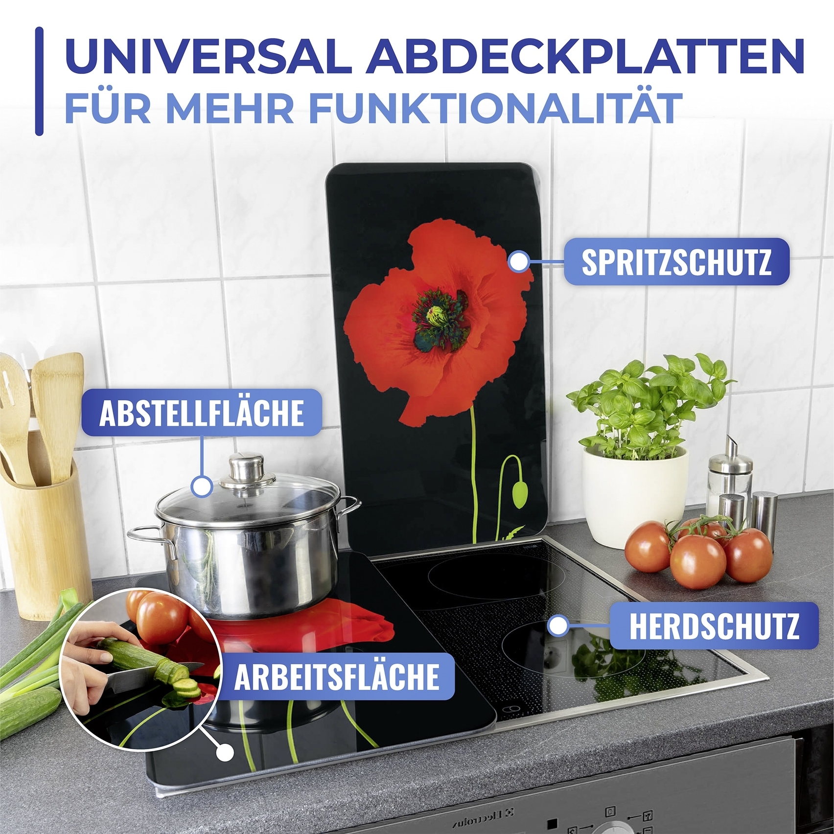 Maximex Herd-Abdeckplatte »Universal Modell Mohn«, (Set, 2 tlg.), Herdabdeckung für alle Herdarten, kratzfest, mit rutschfesten Füßen