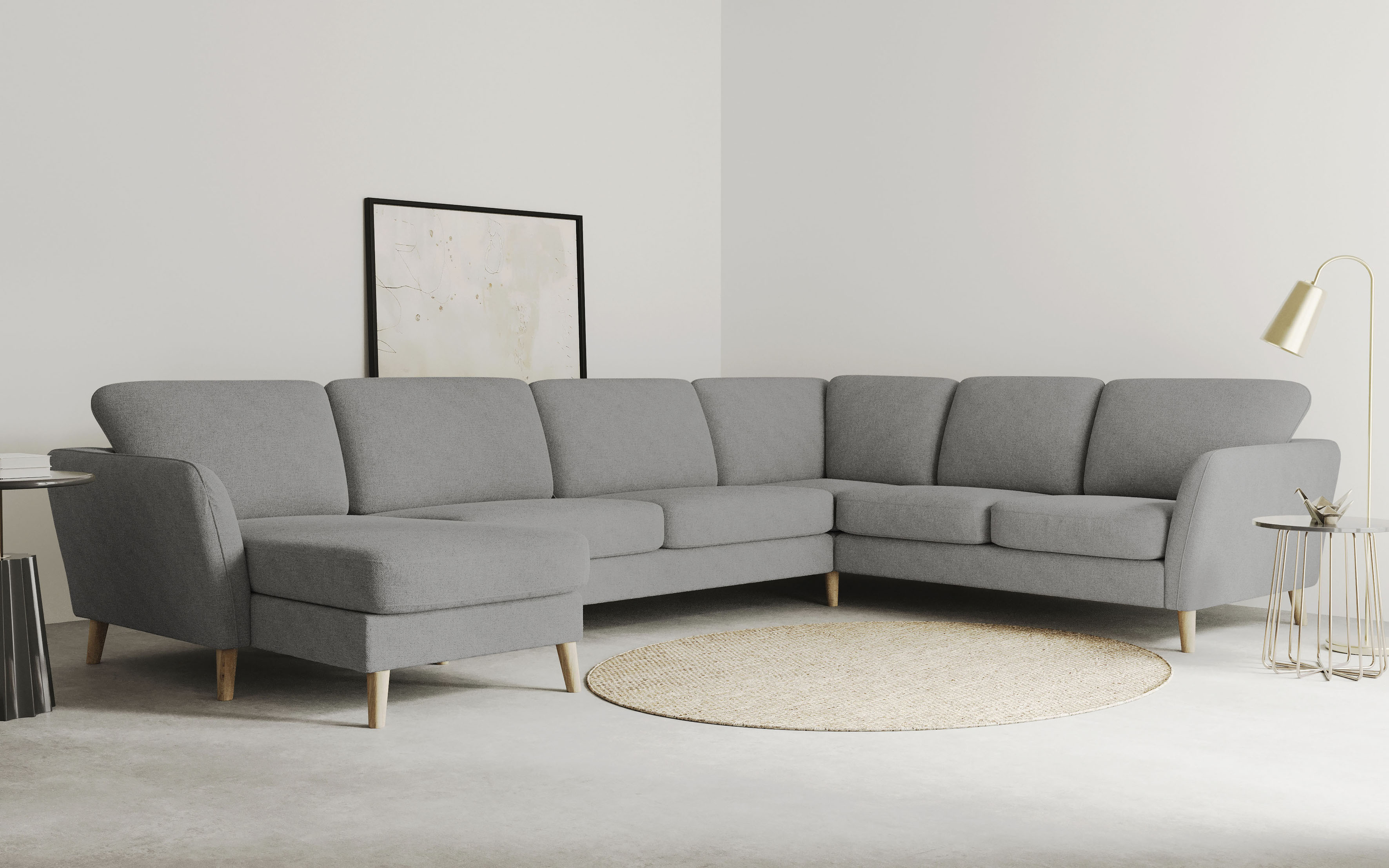 OTTO home Wohnlandschaft "MARSEILLE XXL 349cm, U-Form, Ottomane rechts/links wählbar" Massivholzbeine Eiche, Landhausstil, Wellenunterfederung