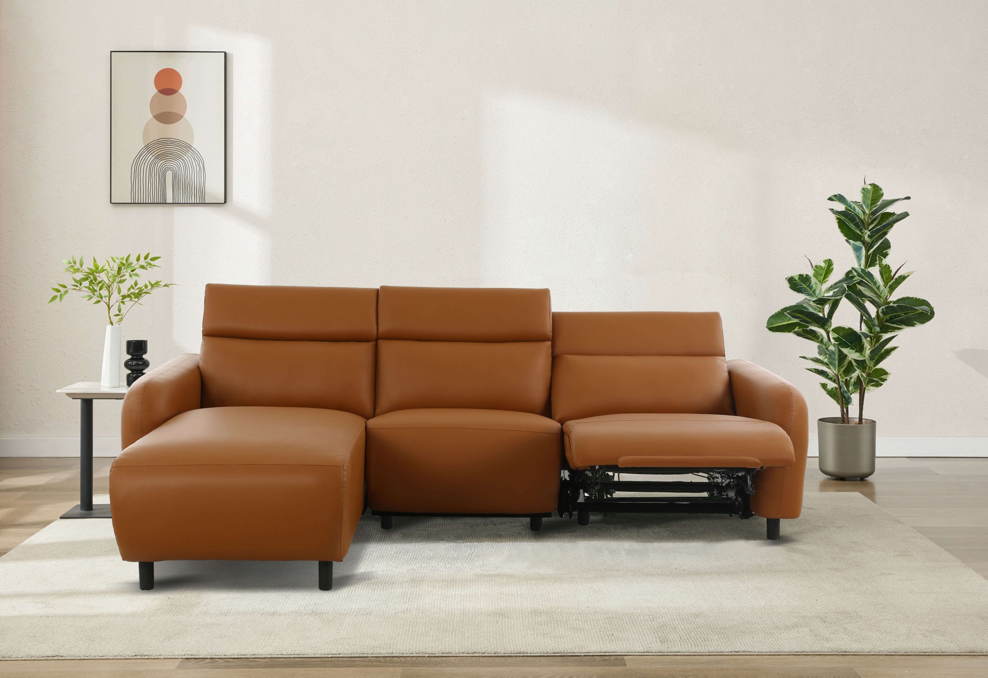 OTTO home Ecksofa "SKAANE Lederoptik, L-Form, 274 cm, manuelle/elektrische Relaxfunktion," rundes Design, Kopfteilverstellung, Federkernpolsterung