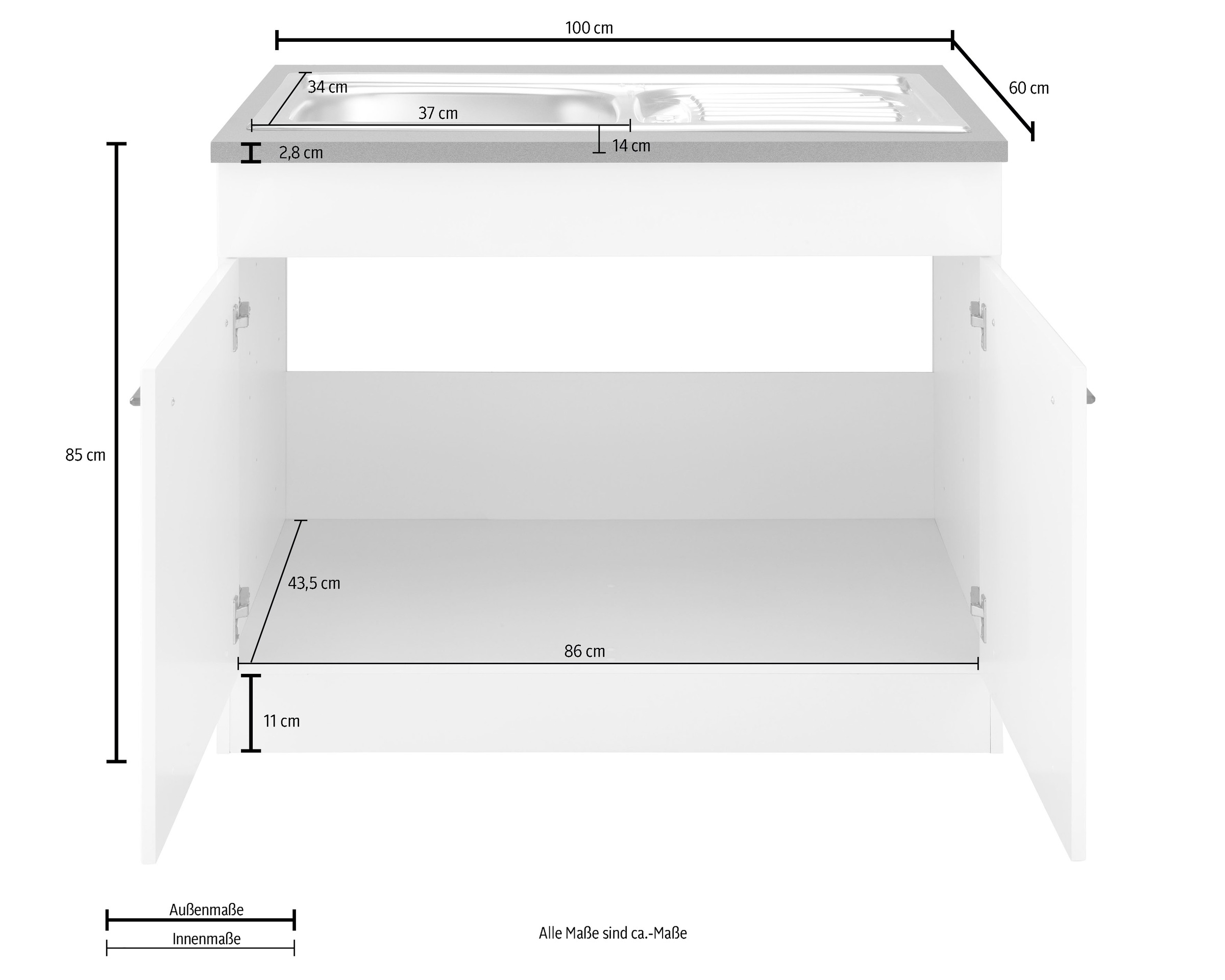 KOCHSTATION Spülenschrank »KS-Tulsa«, 100 cm breit, 2 Türen, Metallgriff, MDF Front, inkl. Einbauspüle