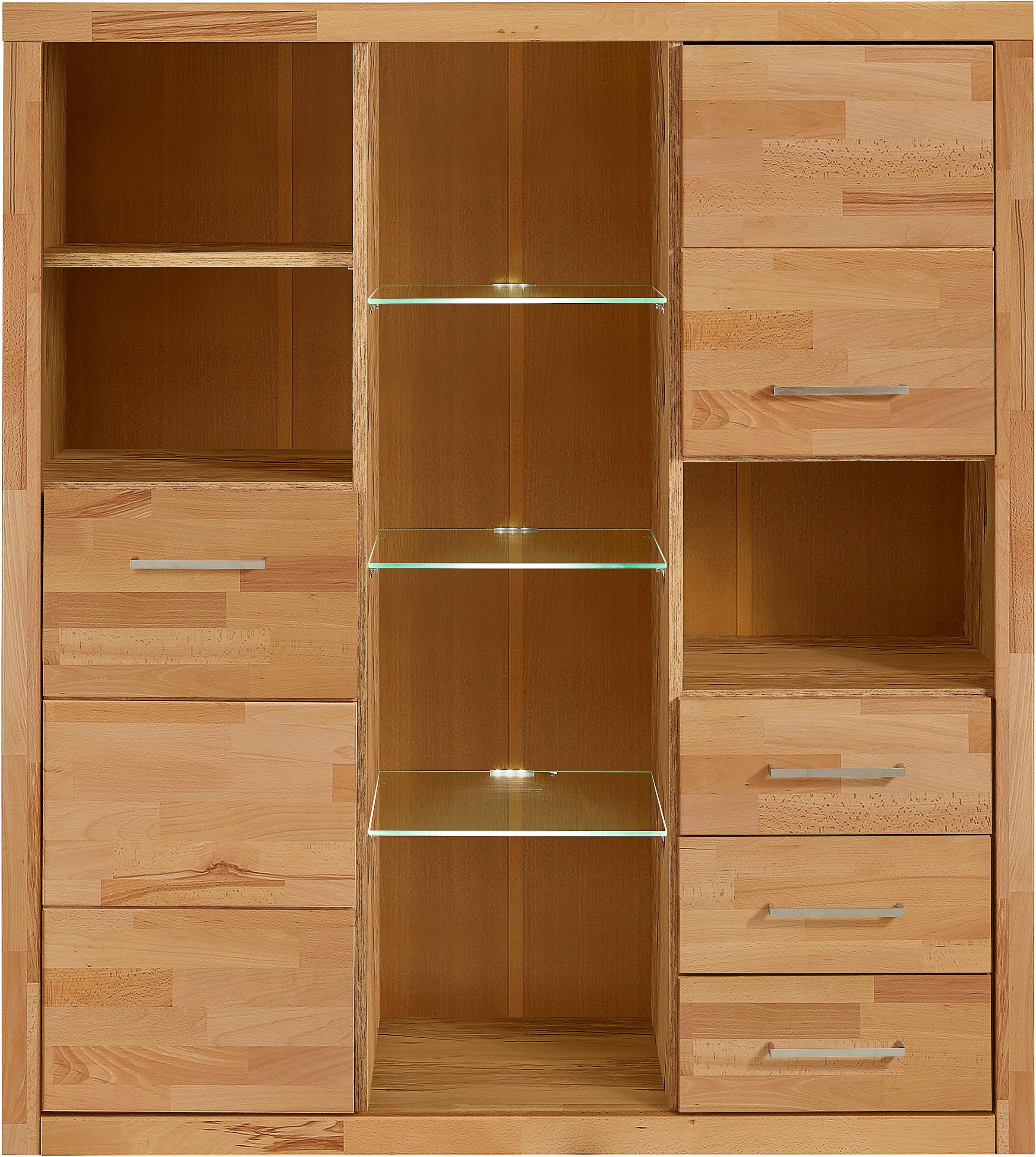 Home affaire Highboard »Ribe,130cm breit145cm hoch,Fronten Massivholz,12 Fächer«, Korpus aus Holzwerkstoff, Metall Griffe,Böden versetzbar
