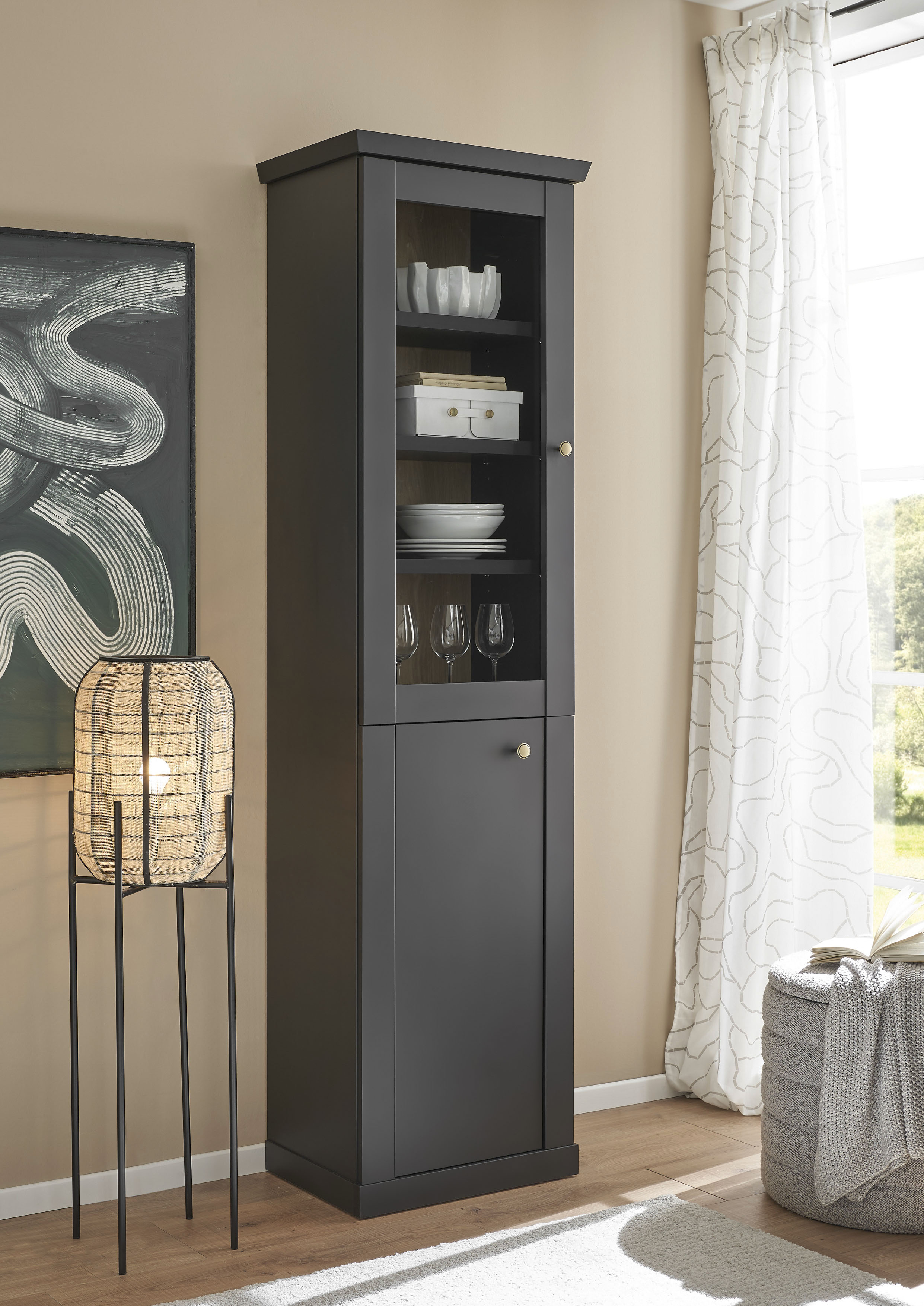 Home affaire Vitrine "Lincoln, Hochschrank im Landhausstil, moderne Glasvitrine" edles Design, messingfarbene Knopfgriffe, vielseitig einsetzbar