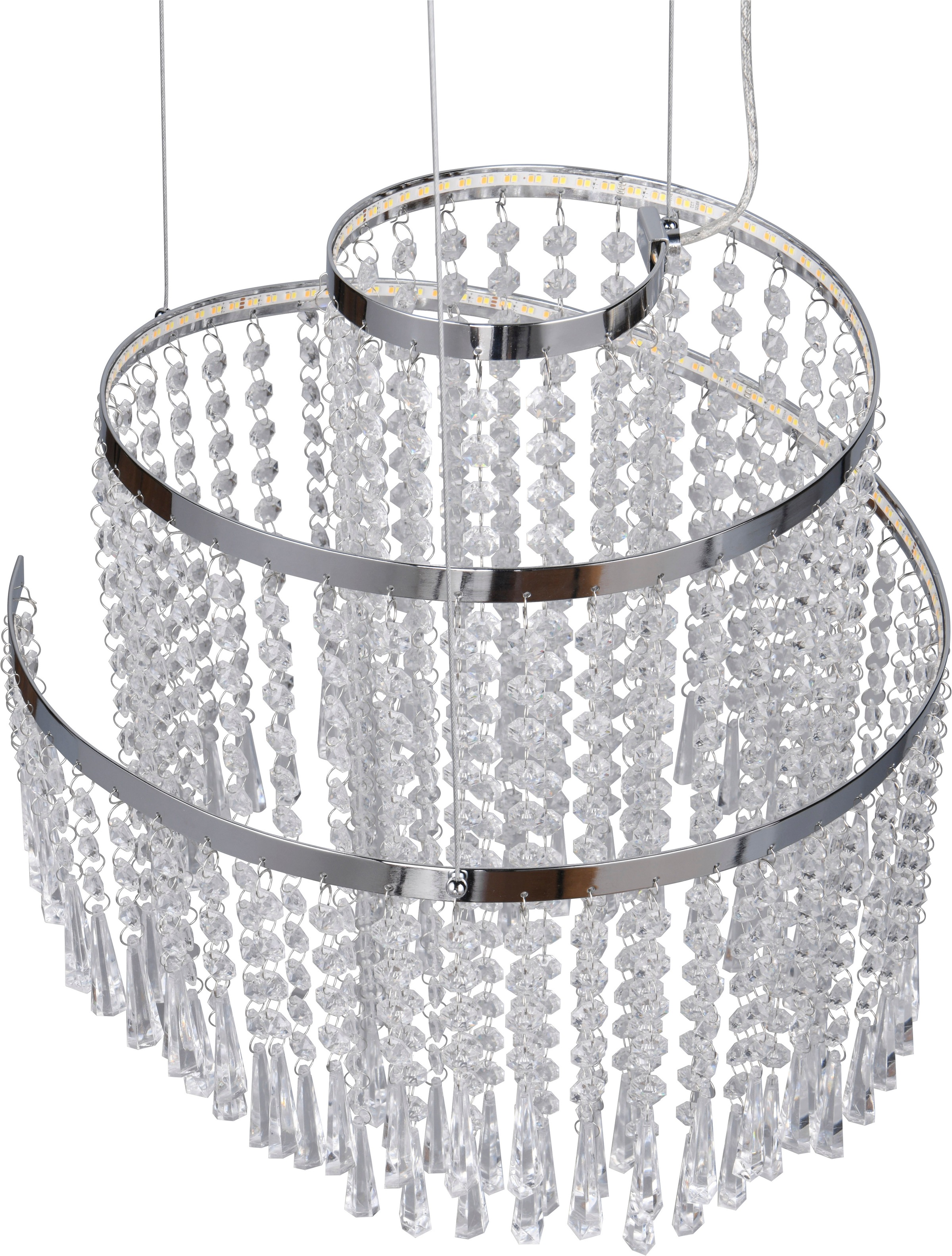 REALITY Leuchten LED Pendelleuchte »POMP, Kronleuchter chromfarbig mit Acryl Behang Ø 38cm Höhe 150 cm« LED-Board 1 Stk. Farbwechsler | warmweiß - kaltweiß LED Hängelampe 30W 4300 Lumen CCT 2700-6500K dimmbar mit Fernbedienung