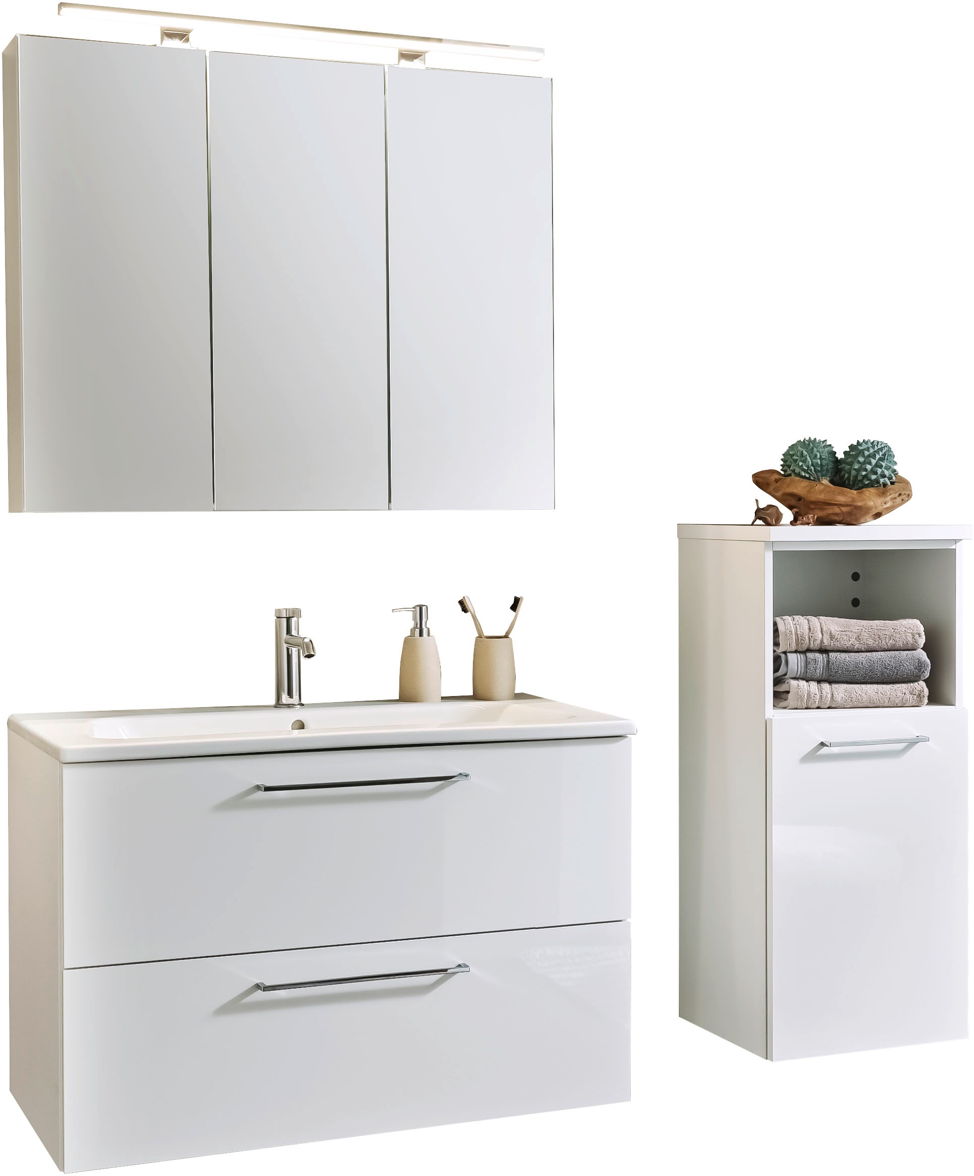 Nolte SPA Badmöbel-Set »Lux - Badmöbel-Set« Komplett-Set, Spiegelschrank, Keramikbecken, Waschtisch 2 Auszüge, LED, erw., li/re, 3 Stk. tlg.