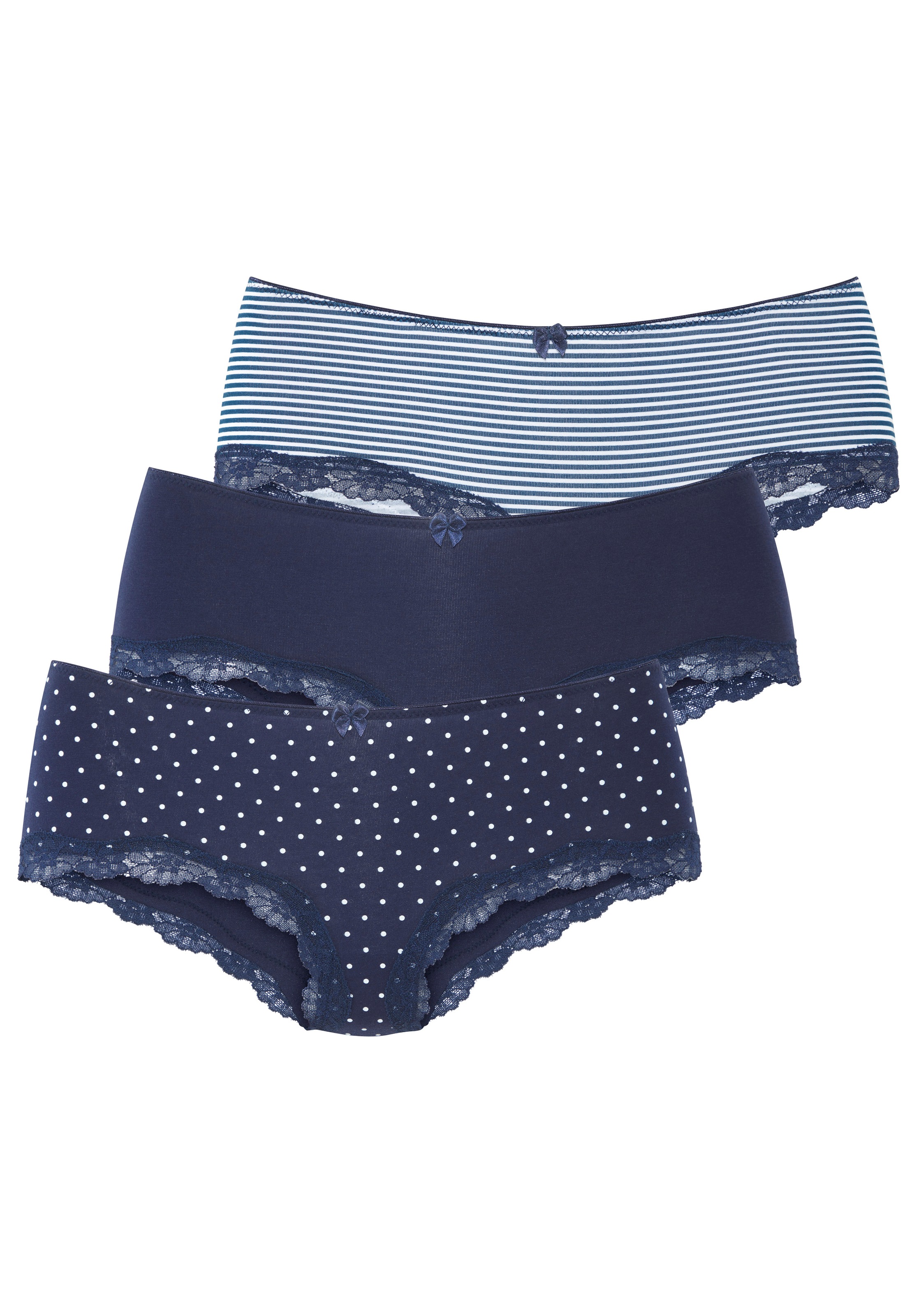 LASCANA Panty 3er-Pack, aus elastischer Baumwolle mit zarter Spitze