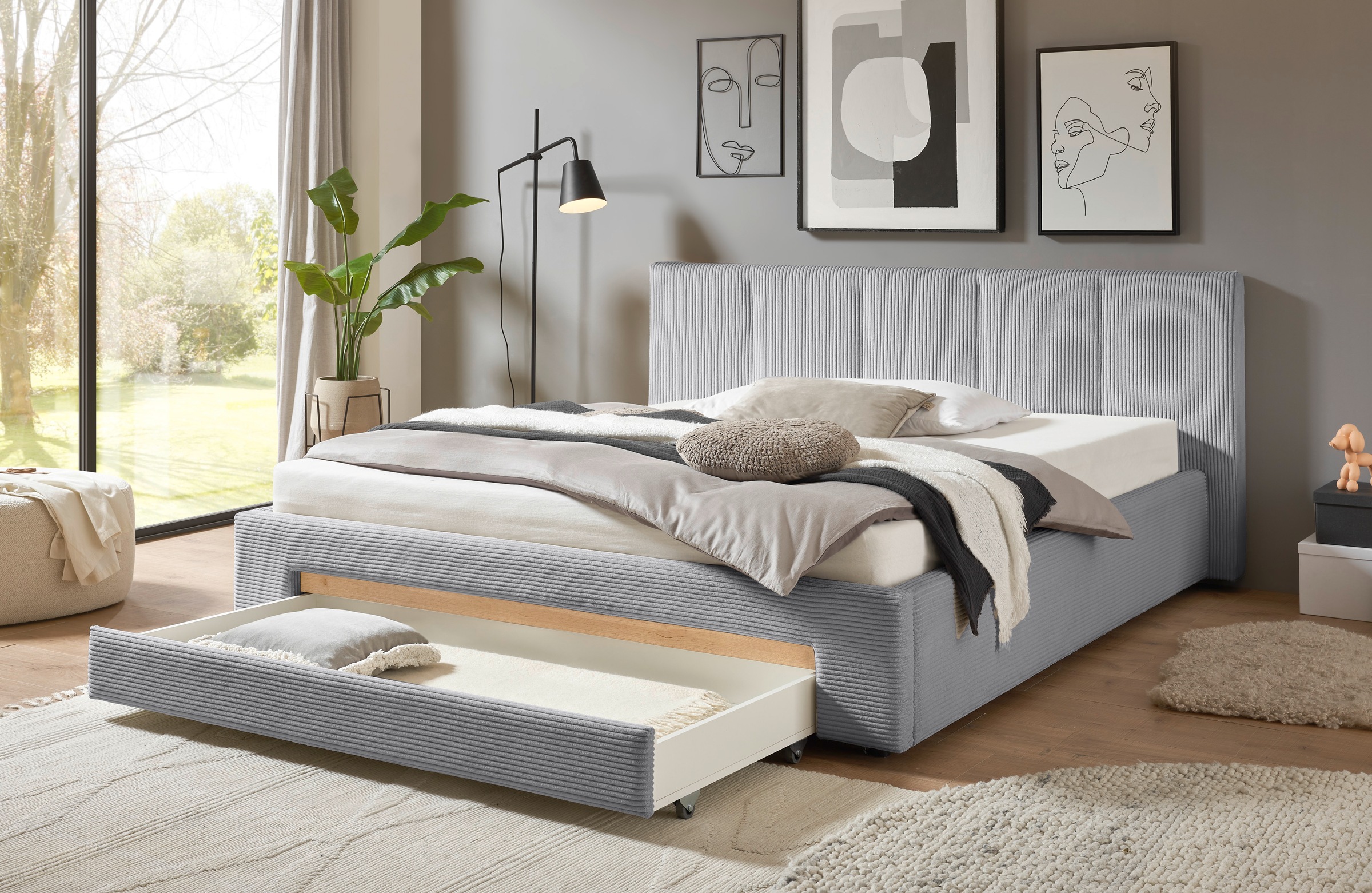 INOSIGN Polsterbett »CiTY/GiRON, Bettgestell mit Bettkasten, gepolstertes Stauraumbett«, mit Hundebett oder Stauraumschublade, Bezug Cord-oder Leinenoptik