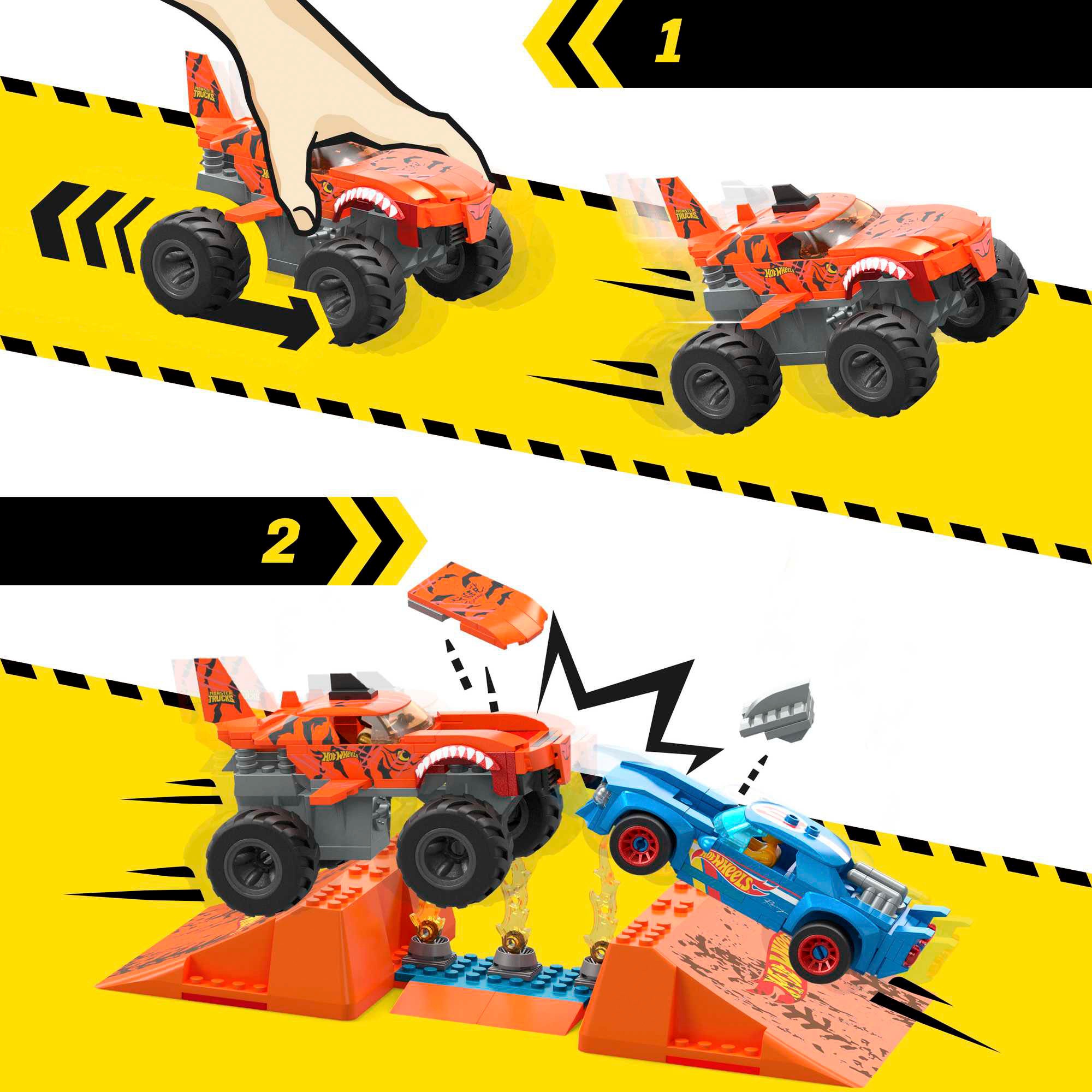 MEGA Spielzeug-Monstertruck »MEGA Monster Trucks Tiger Shark Feuer-Rampe, inkl. 2 Autos & Zubehör«