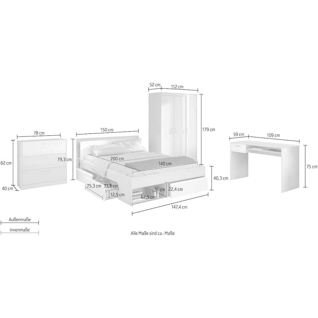 Parisot Jugendzimmer-Set »Most«, (Set, 4 St., Bett mit Schubkästen, Kleiderschrank, Schreibtisch, Schubkastenkommode)