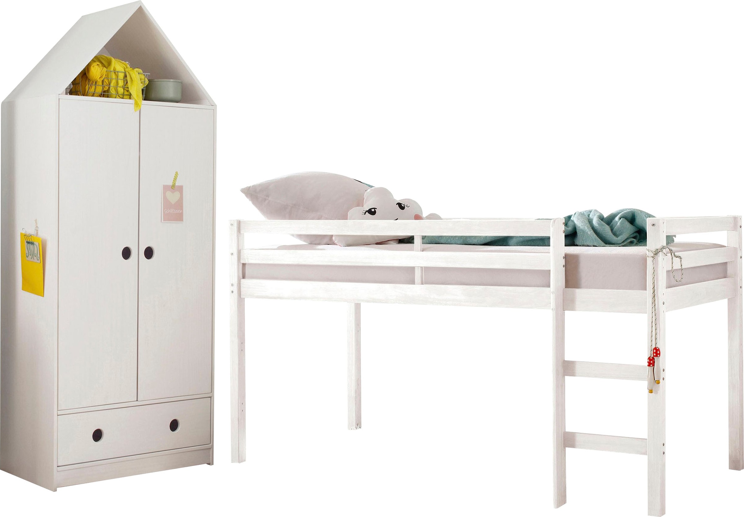 Lüttenhütt Jugendzimmer-Set »Alpi«, (Spar-Set, 2 St.), Hochbett und  Kleiderschrank in Hausoptik, perfekt für kleine Räume | BAUR