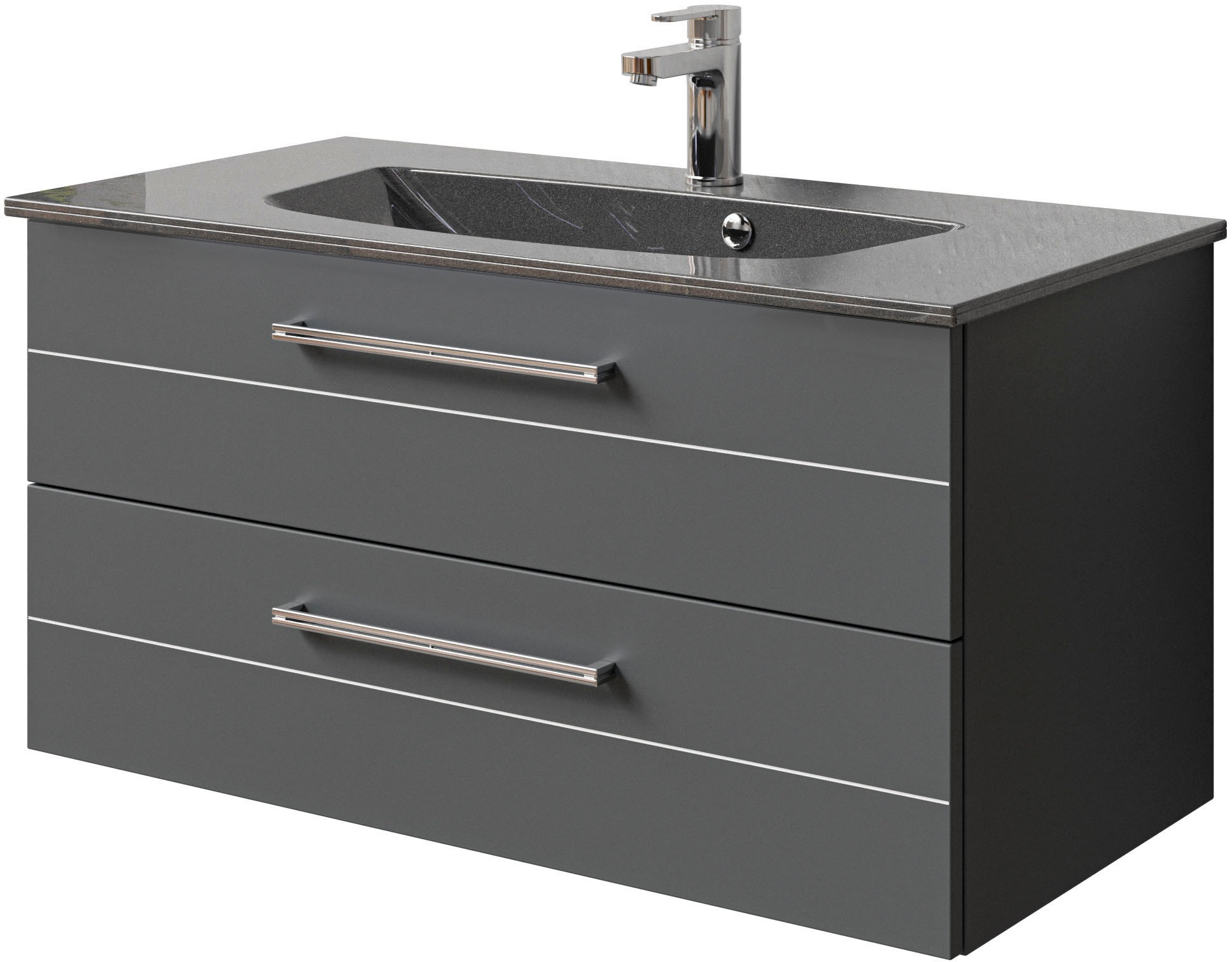 Saphir Badmöbel-Set »Serie 6025 2-teilig Mineralmarmor-Waschtisch mit LED-Spiegelschrank«, (2 St.), Waschplatz 97 cm breit, 2 Schubladen, 3 Spiegel-Türen, inkl Türdämpfer