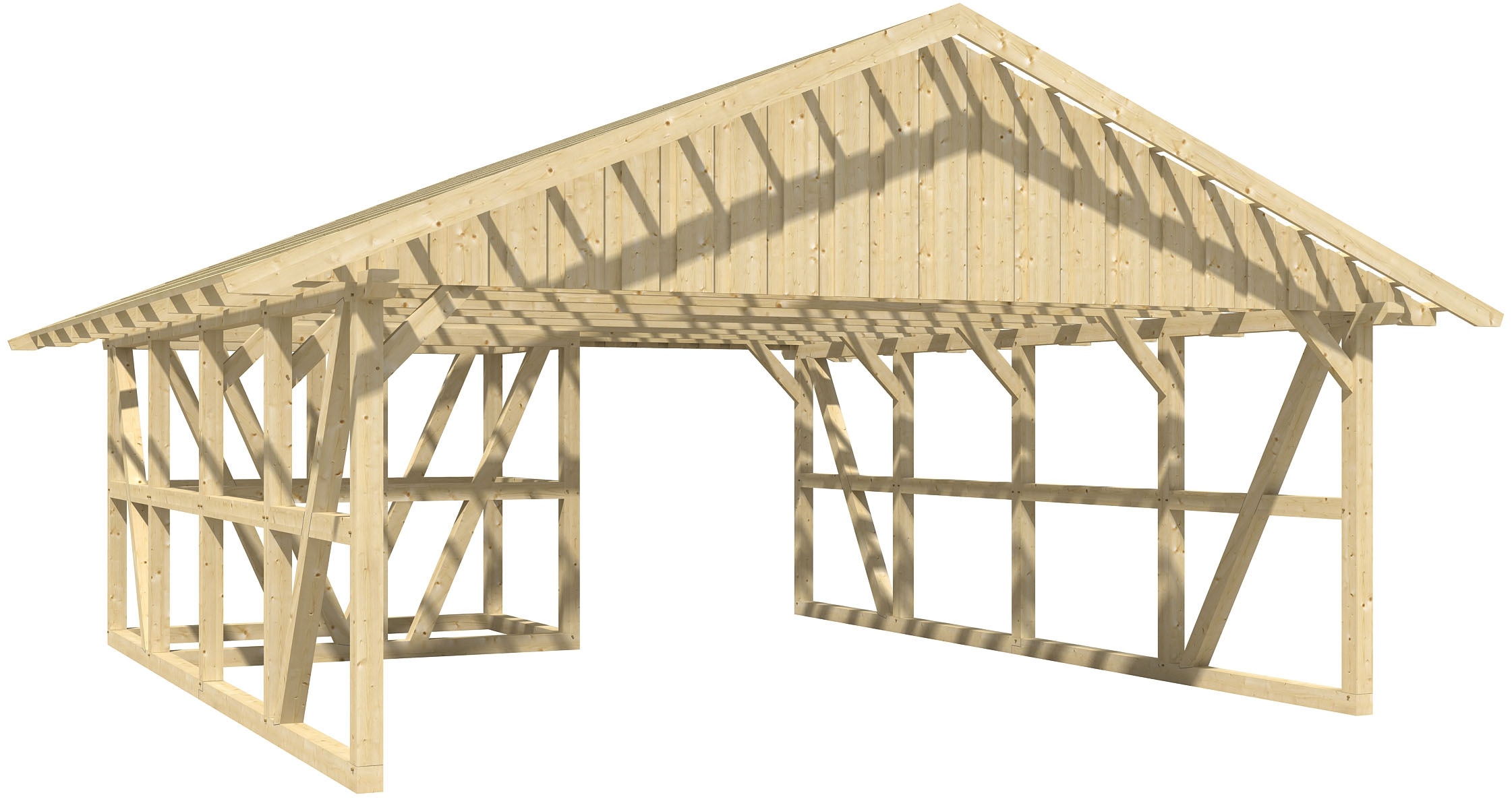 Skanholz Doppelcarport "Schwarzwald", KVH-Fichte, 560 cm, Natur, mit Abstellraum 1, mit Dachlattung