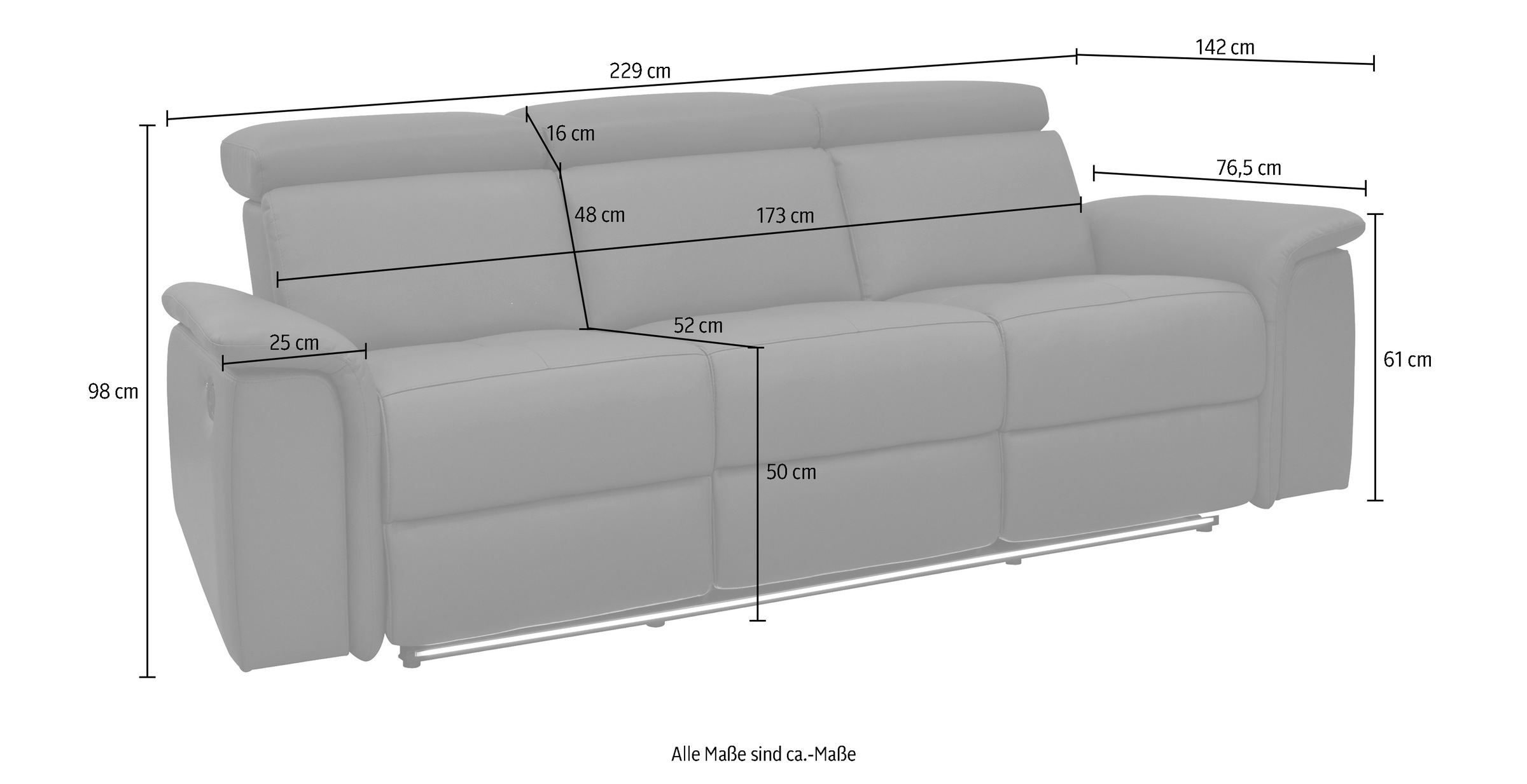 Places of Style 3-Sitzer »Pareli 229cm, manuelle u. elektr. Relaxfunktion in 2 Sitzen«, USB, KT-Verstellung, LED Beleuchtung, in Echtleder, Kunstleder, Web