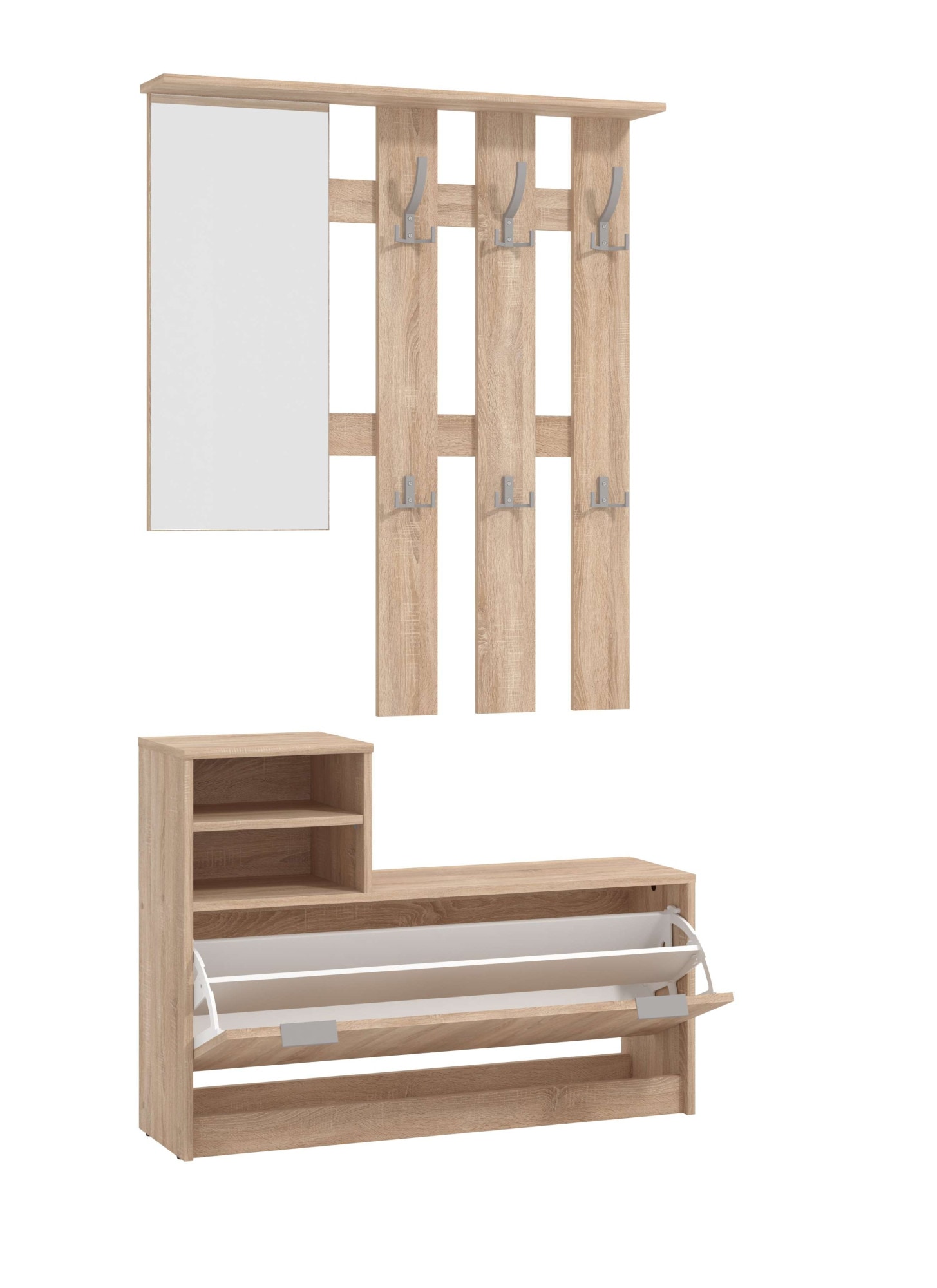 INOSIGN Garderoben-Set »Ravenna Flurgarderobe, Dielenschrank, Kompaktgarderobe, Breite 100 cm«, (Komplett-Set, 2 St.), inkl. Schuhschrank und Garderobenpaneel, mit Klapptür, Spiegel, Haken