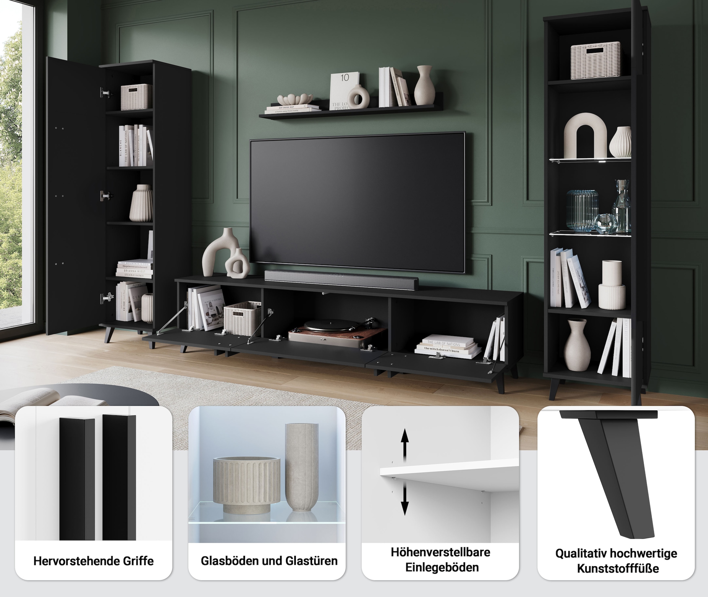 Home affaire Wohnwand »Helsinki, Modernes Set mit verglaster Vitrine« Komplett-Set, 4 Stk. tlg.